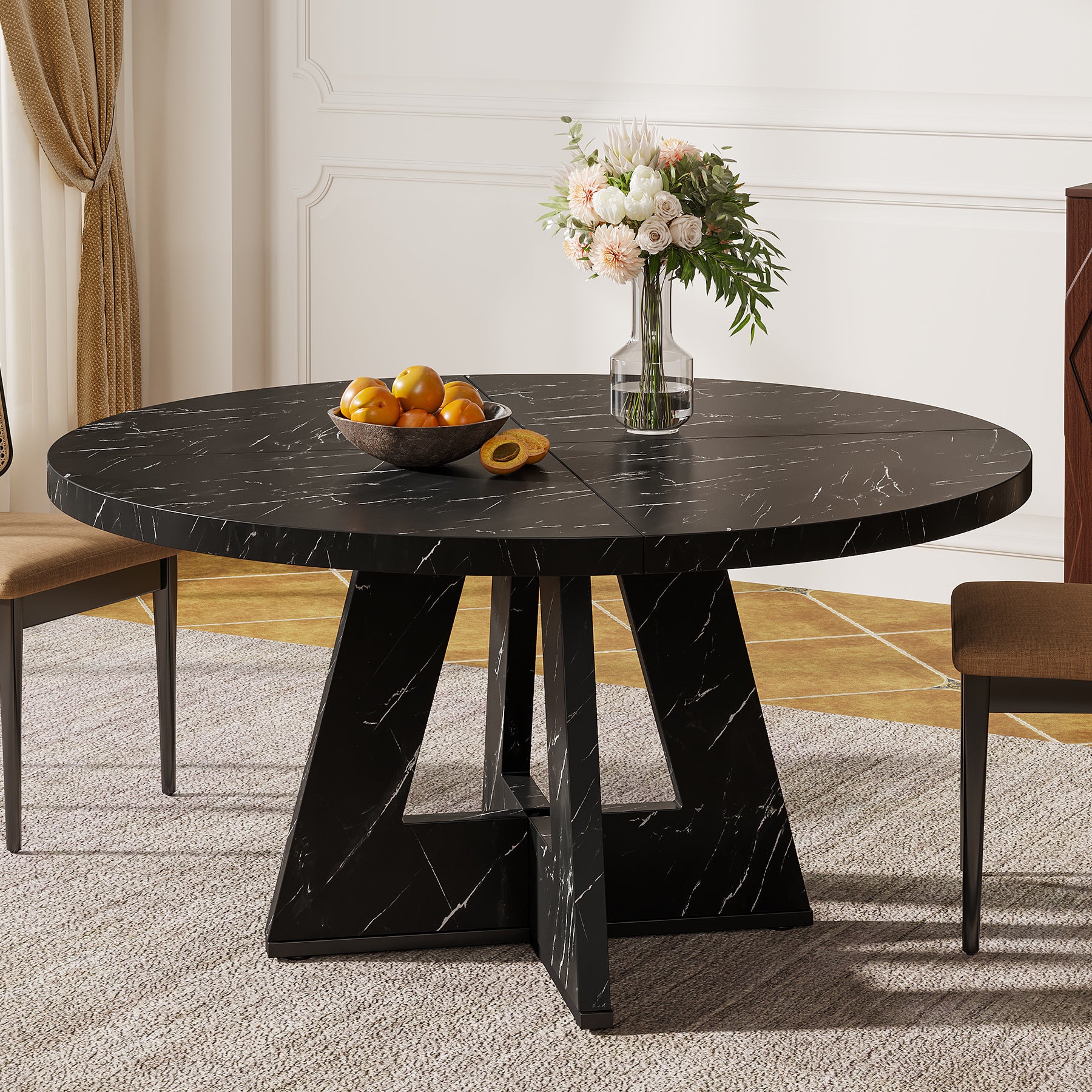 120 cm Ronde Boeren Eettafel, Bruin Houten Tafelblad voor 4 Personen in Keuken of Woonkamer