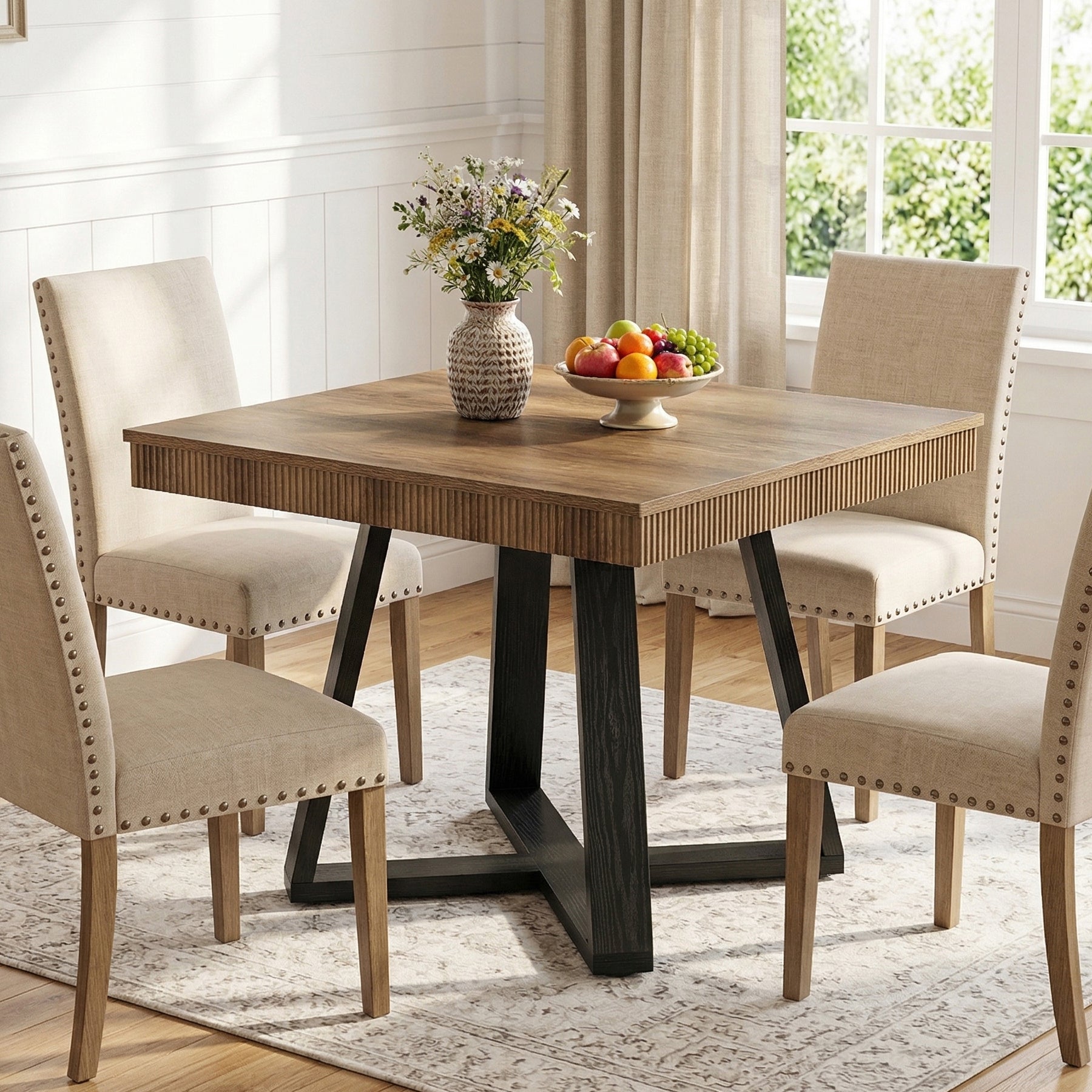 80 cm Vierkante Eettafel voor 4 Personen, Landelijke Houten Tafel met Geribbelde Rand en X-Basis voor Kleine Ruimtes