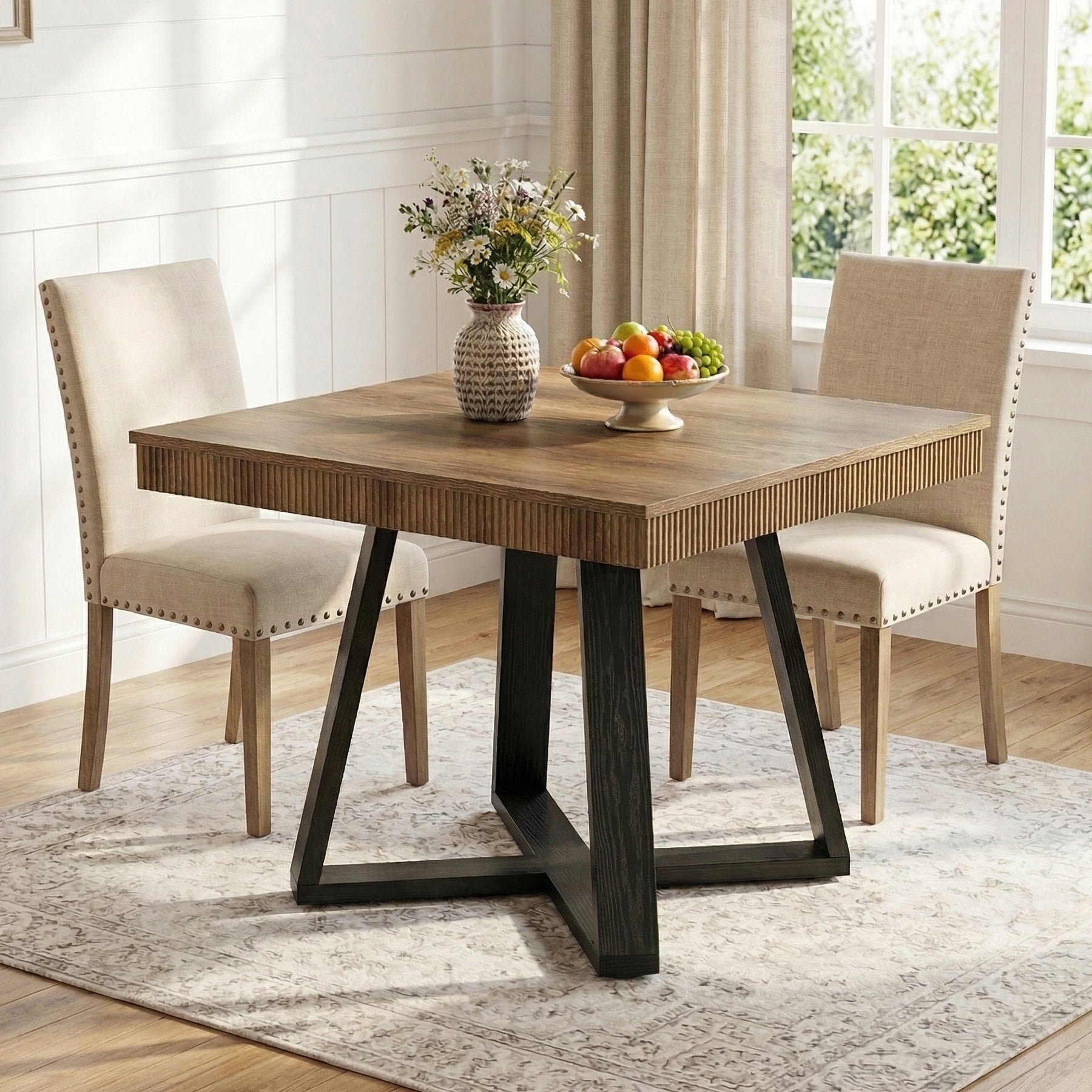 80 cm Vierkante Eettafel voor 4 Personen, Landelijke Houten Tafel met Geribbelde Rand en X-Basis voor Kleine Ruimtes