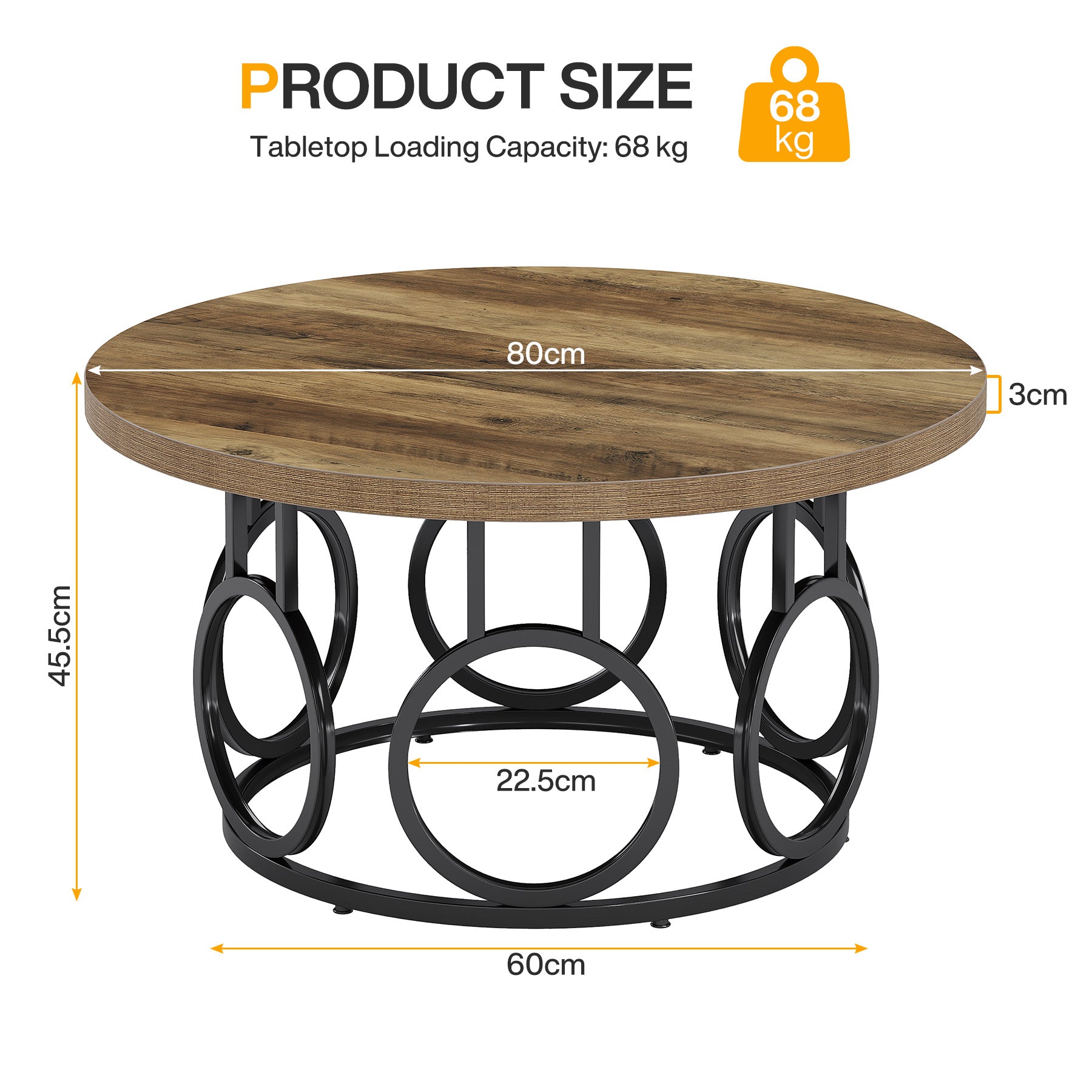 Ronde Salontafel 80 × 80 × 45 cm in Rustiek Hout, Moderne Industriële Tafel met Metalen Onderstel