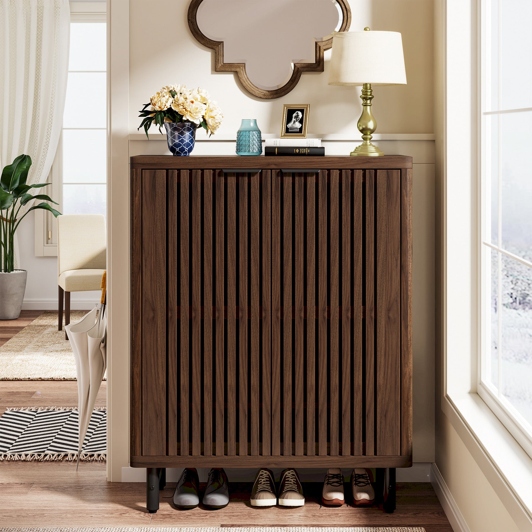 110 cm Retro Schoenenkast, Zes Planken Opbergmeubel met Verstelbare Schappen