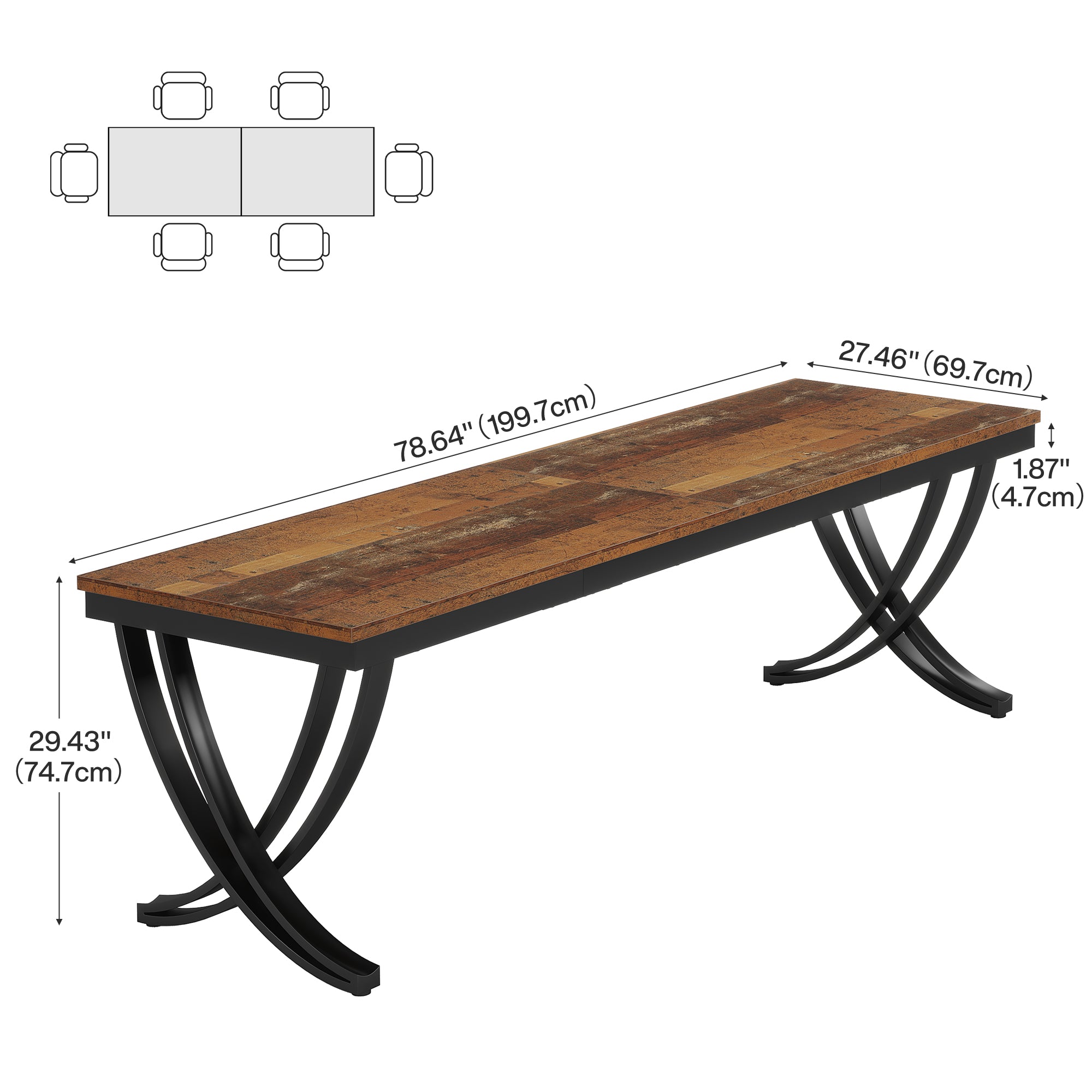 200 cm Landelijke Eettafel, Grote Houten Tafel met Metalen Poten voor Zes tot Acht Personen