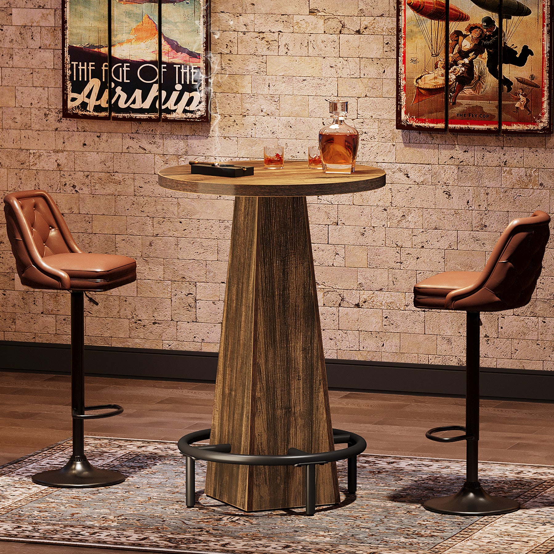 95 cm Ronde Bartafel met Metalen Voetring, Houten Bistro Statafel