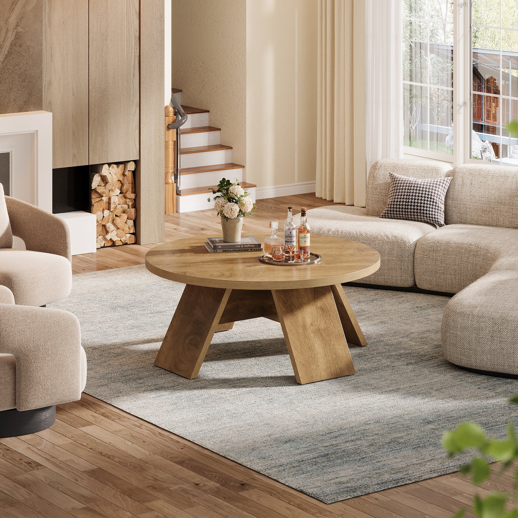 100 cm Ronde Houten Salontafel met Gespreide Poten, Modern Accent Tafel voor Woonkamer