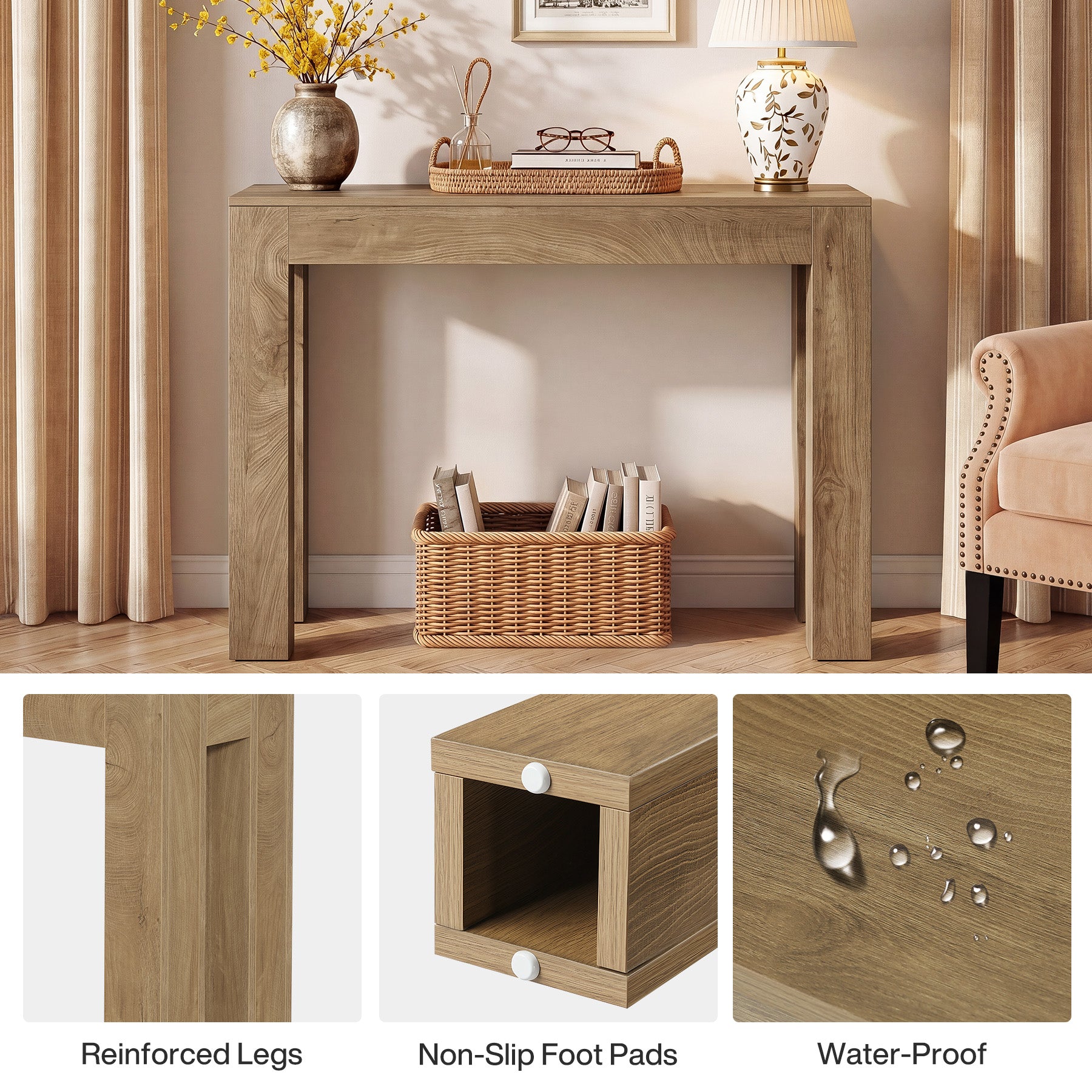 Tribesigns 105 cm consoletafel, lichtbruine sidetable met blokpoten