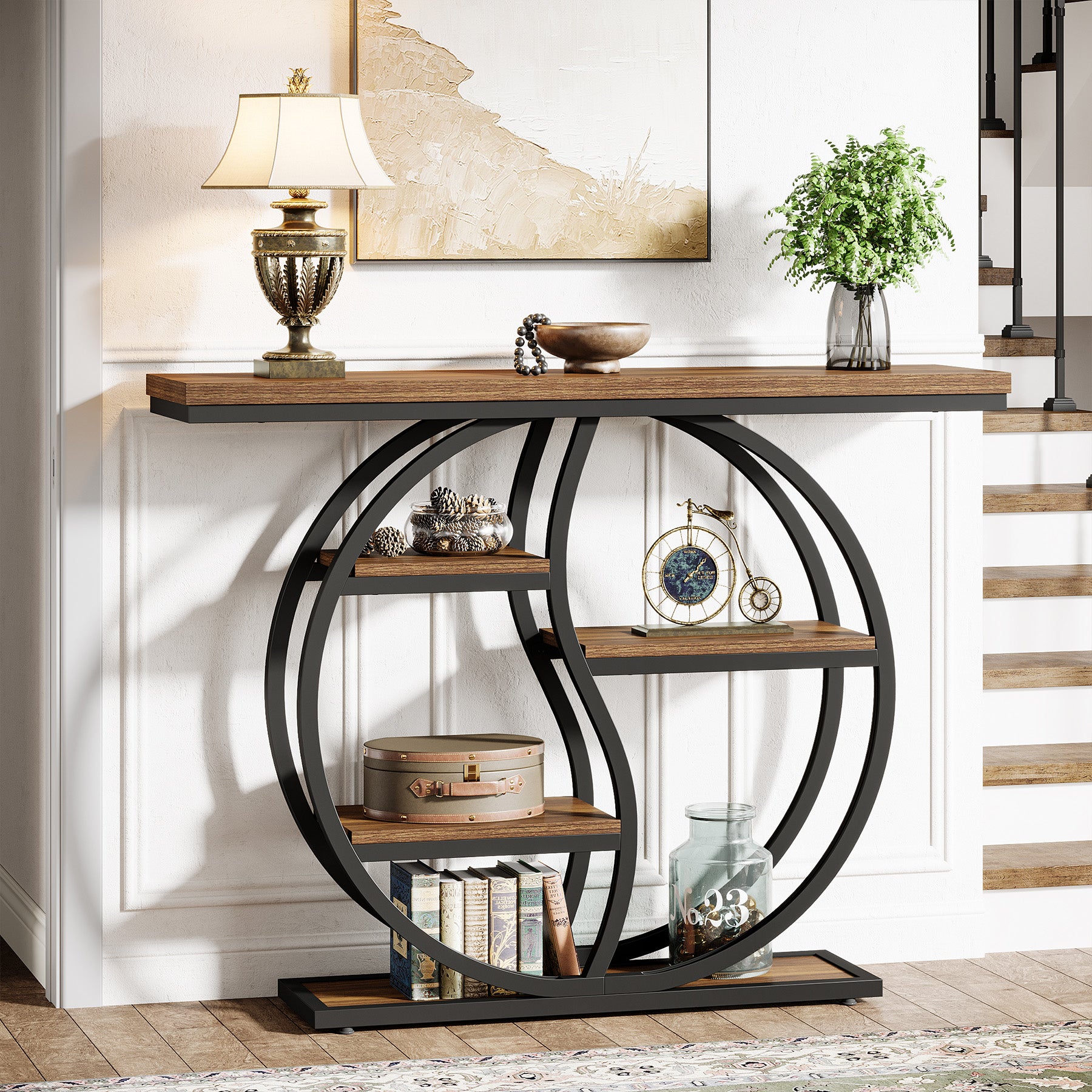 Consoletafel van 120 cm met 5 Lagen in Rustiek Bruin, Smalle Industriële Houten Hal- en Banktafel met Metalen Frame