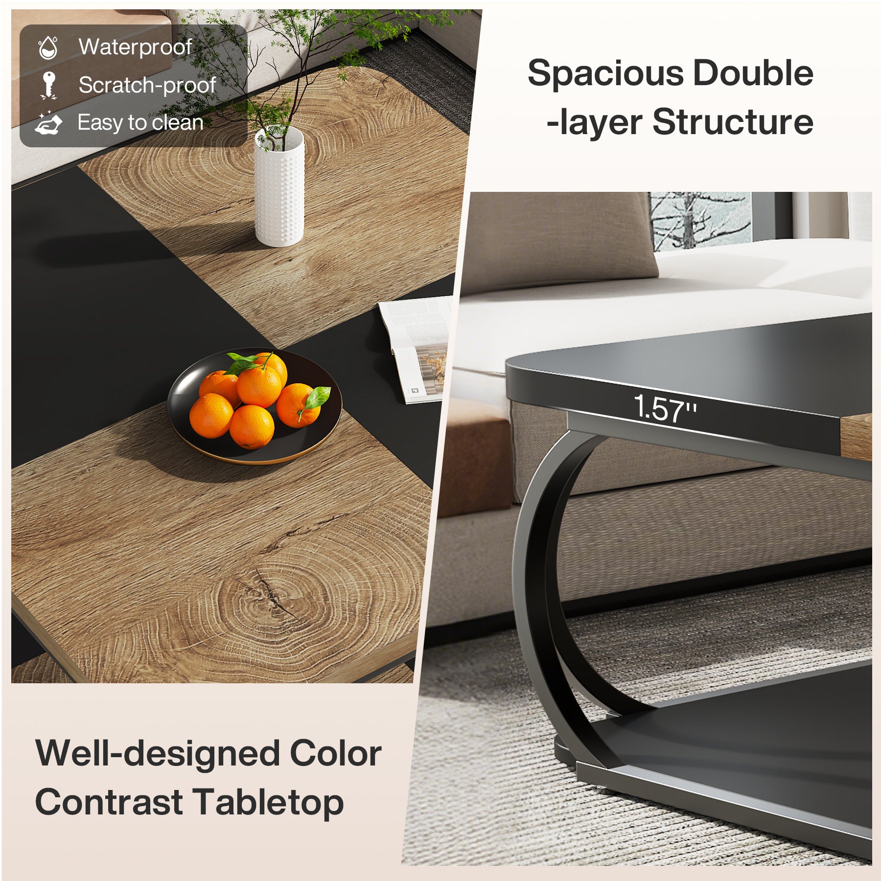 100 cm Vierkante Salontafel met Dubbele Planken, Landelijke Tafel met Metal Frame