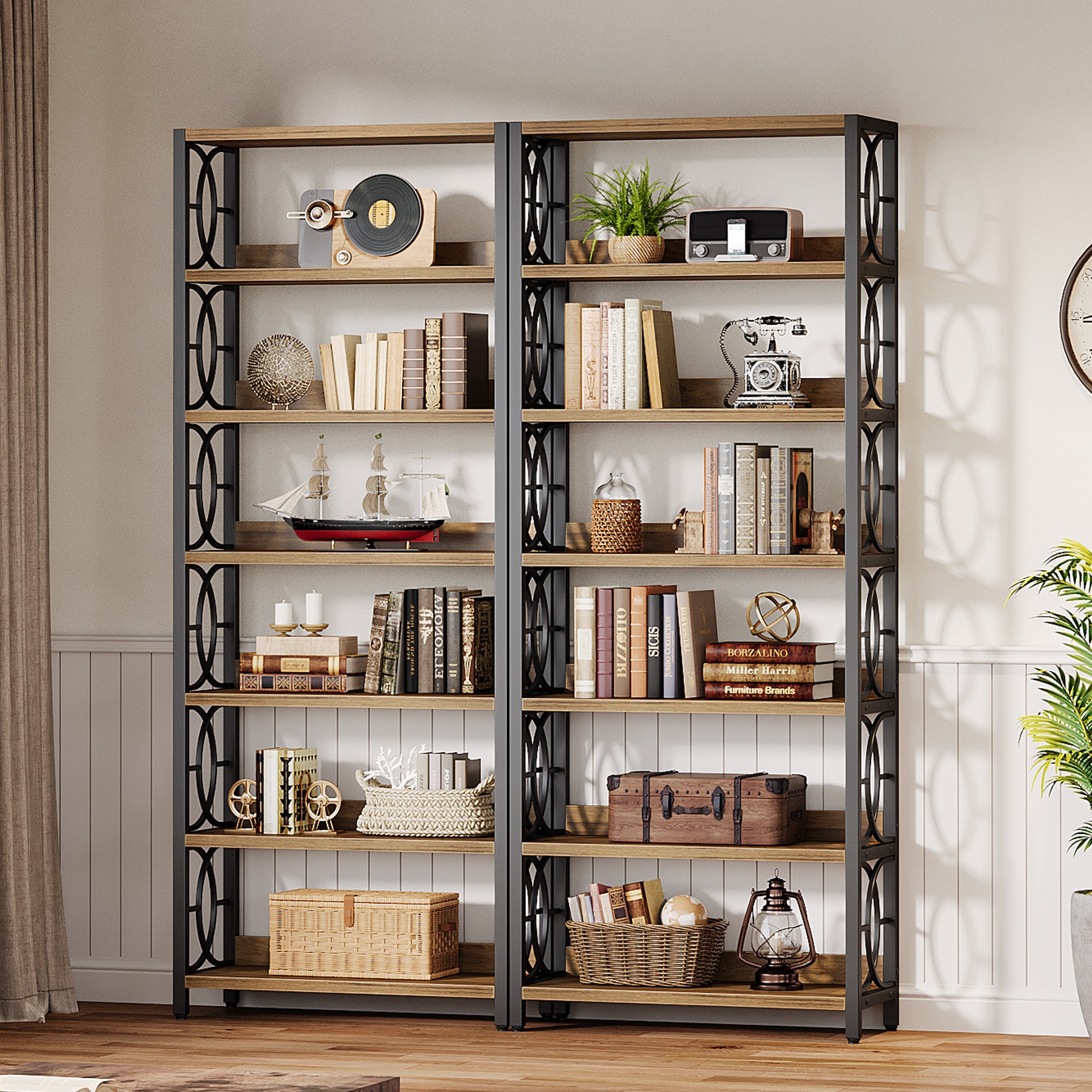 180 cm Boekenkast met 6 Niveaus, Industrieel Vrijstaand Displayrek met Metalen Frame