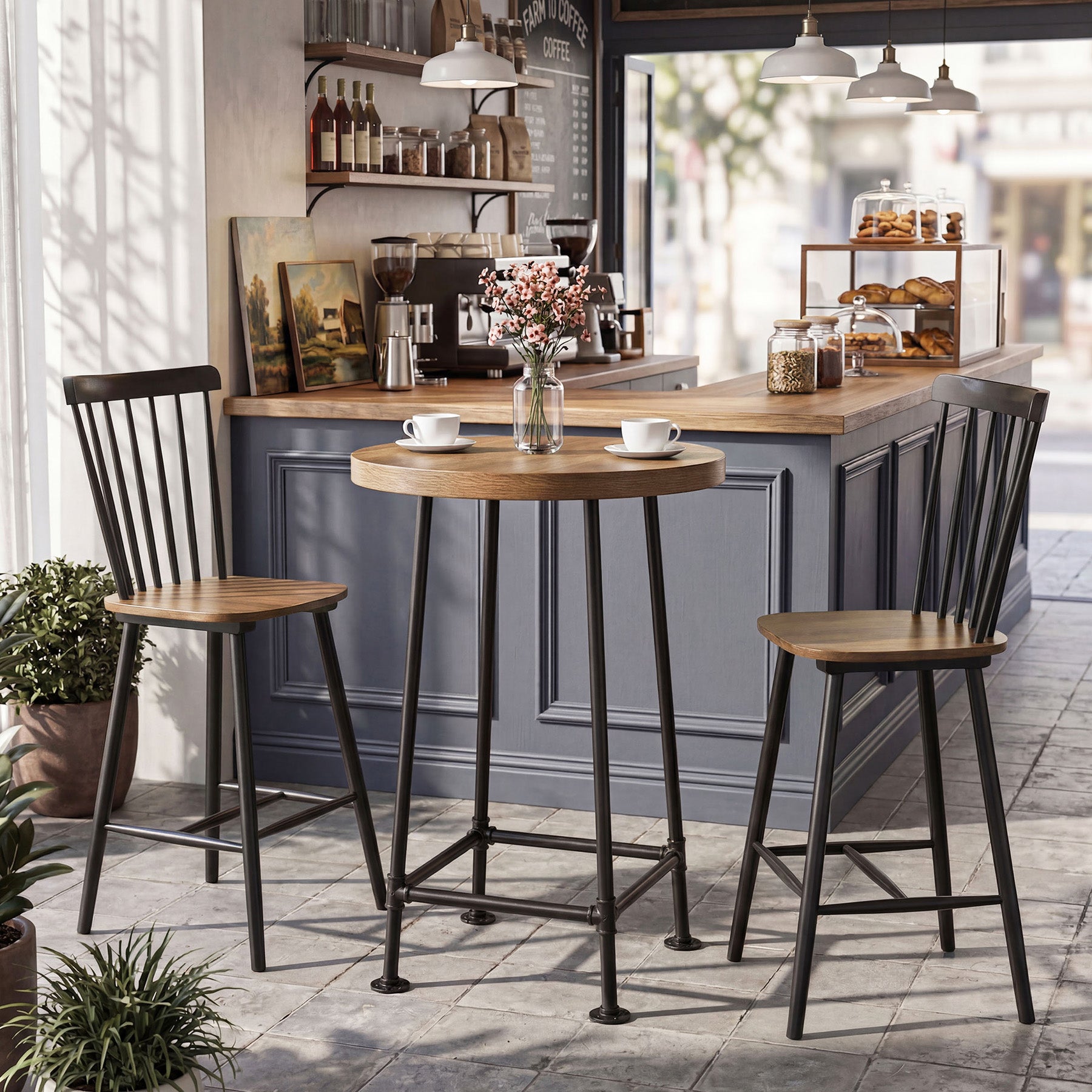 95 cm Ronde Bartafel met Metalen Voetsteun, Industriële Statafel voor Keuken en Bistro (Alleen Tafel)