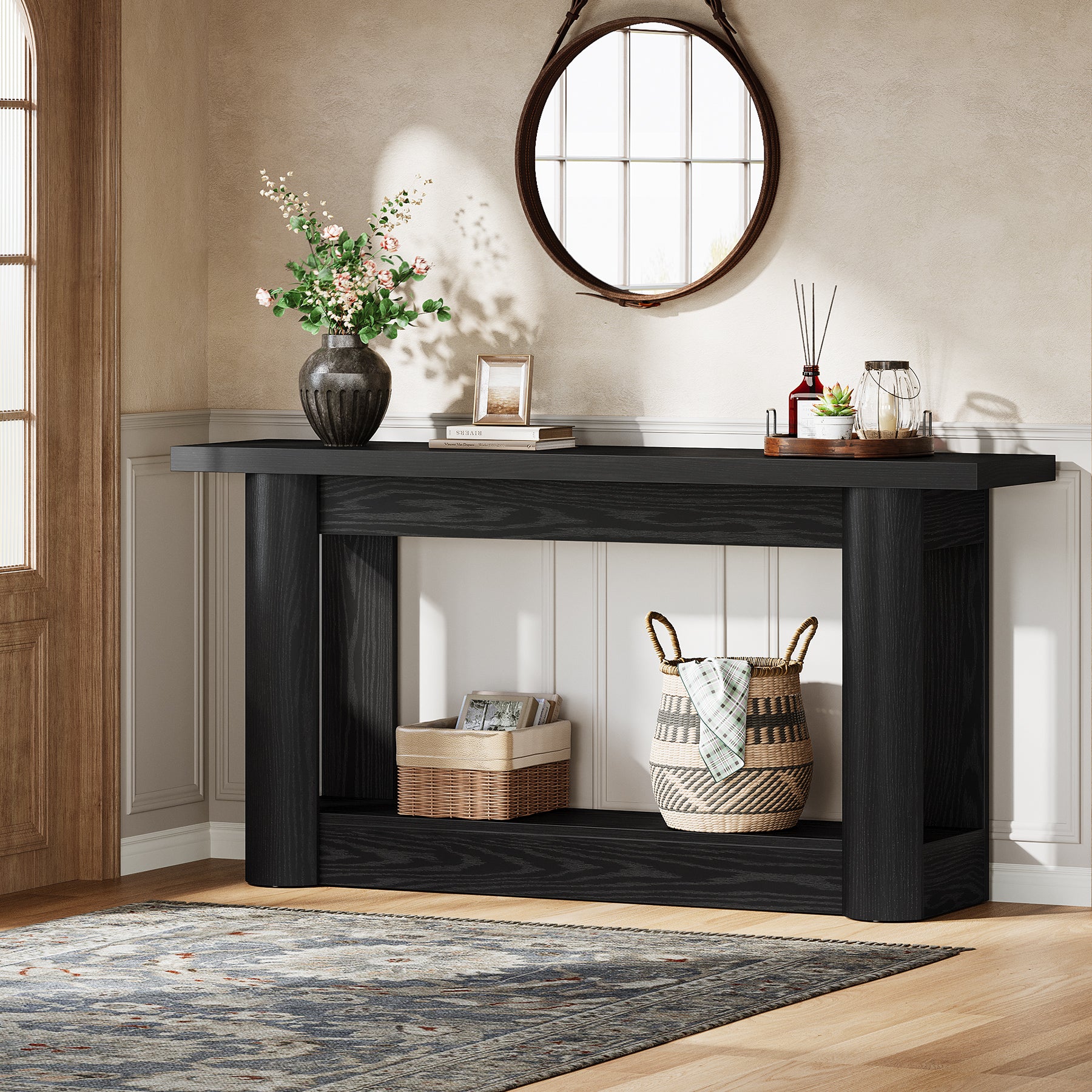 160 cm Landelijke Console met 2 Planken, Smalle Lange Salontafel in Rustiek Bruin voor Hal en Entree