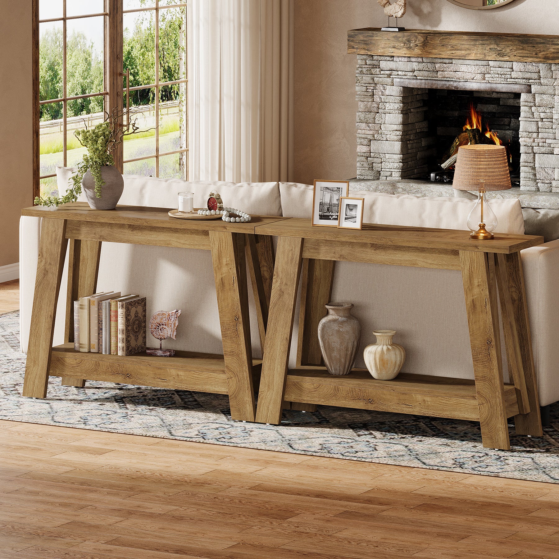 Tribesigns 105 cm Landelijke Consoletafel, Smalle 2-Laagse Entreetafel met Opbergruimte