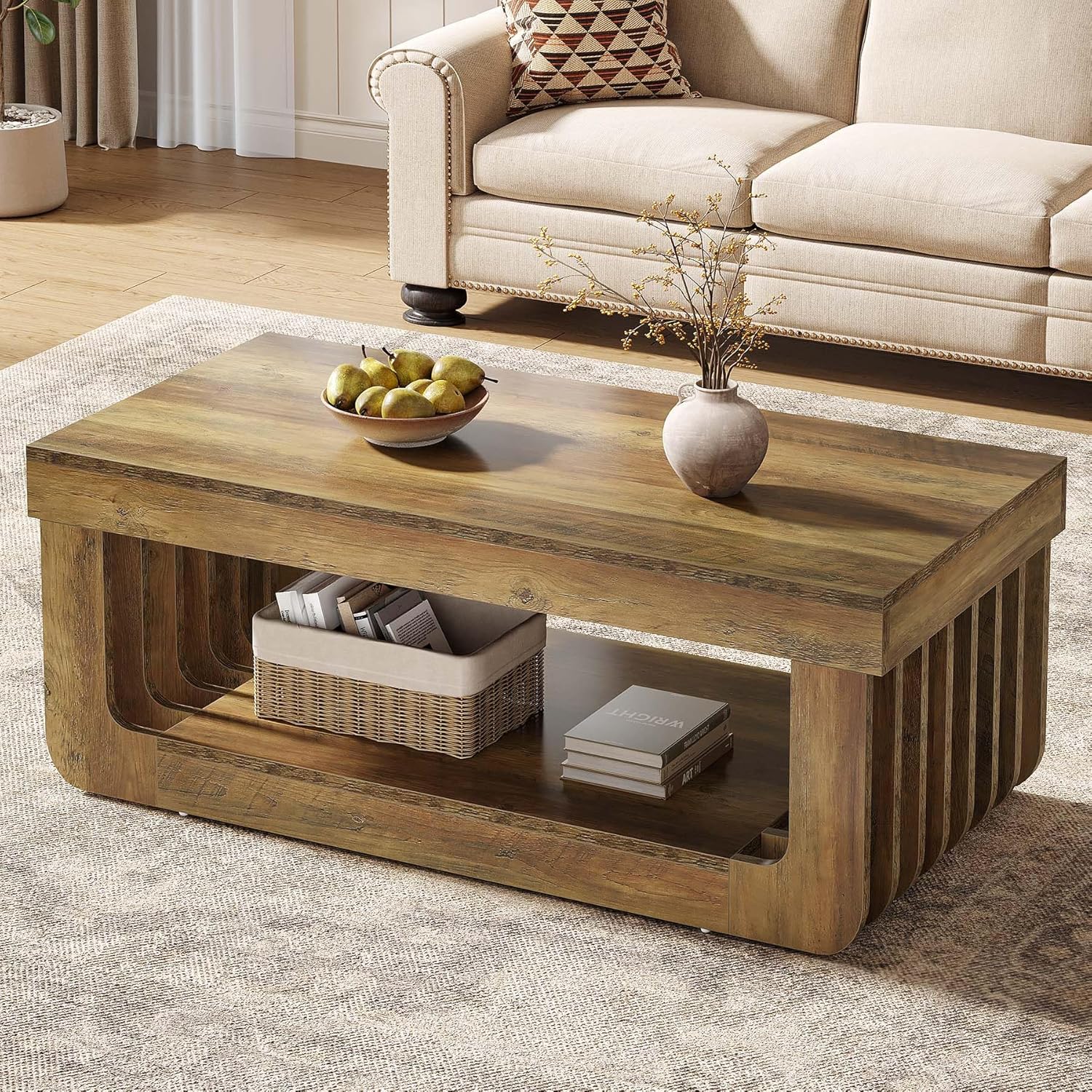 120 cm Salontafel met Opbergplank, Landelijk Bruin Woonkamermeubilair voor Huis en Kantoor