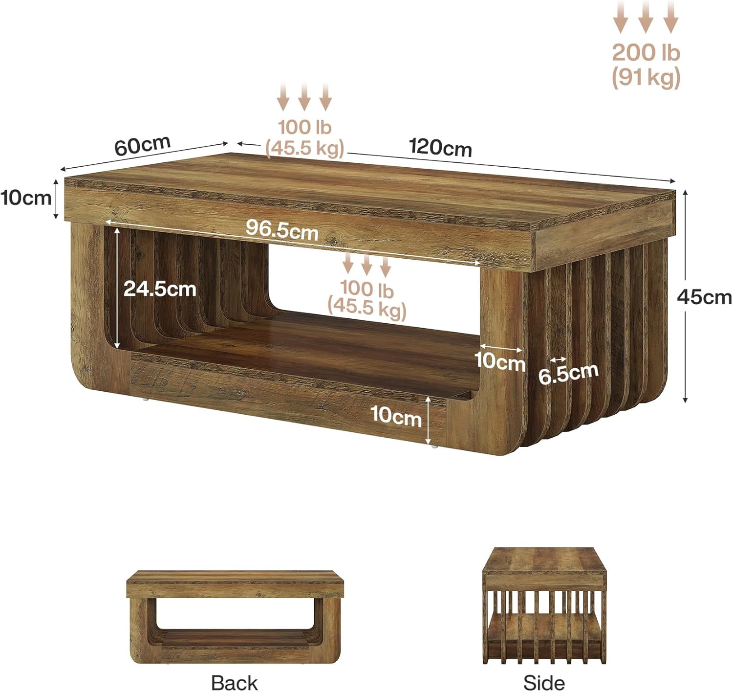 120 cm Salontafel met Opbergplank, Landelijk Bruin Woonkamermeubilair voor Huis en Kantoor