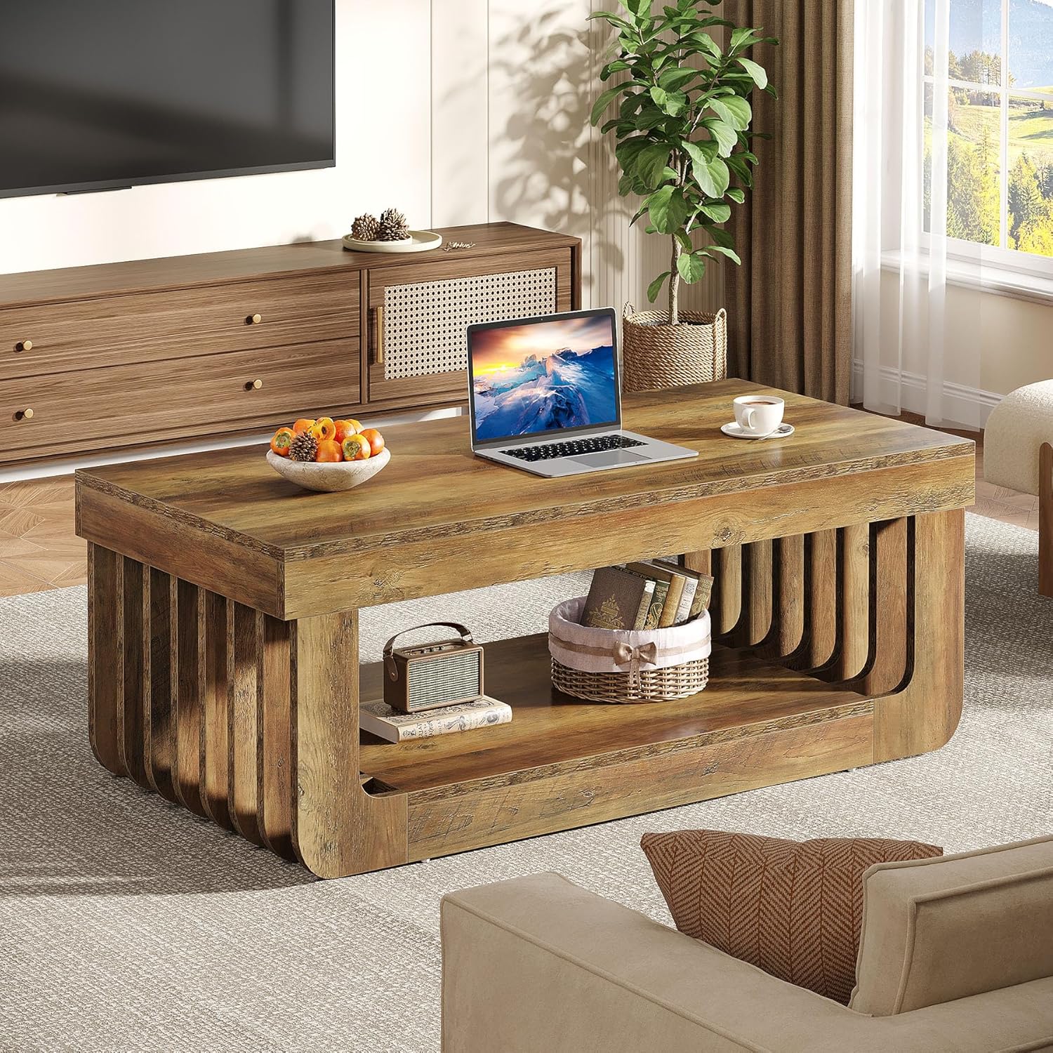 120 cm Salontafel met Opbergplank, Landelijk Bruin Woonkamermeubilair voor Huis en Kantoor