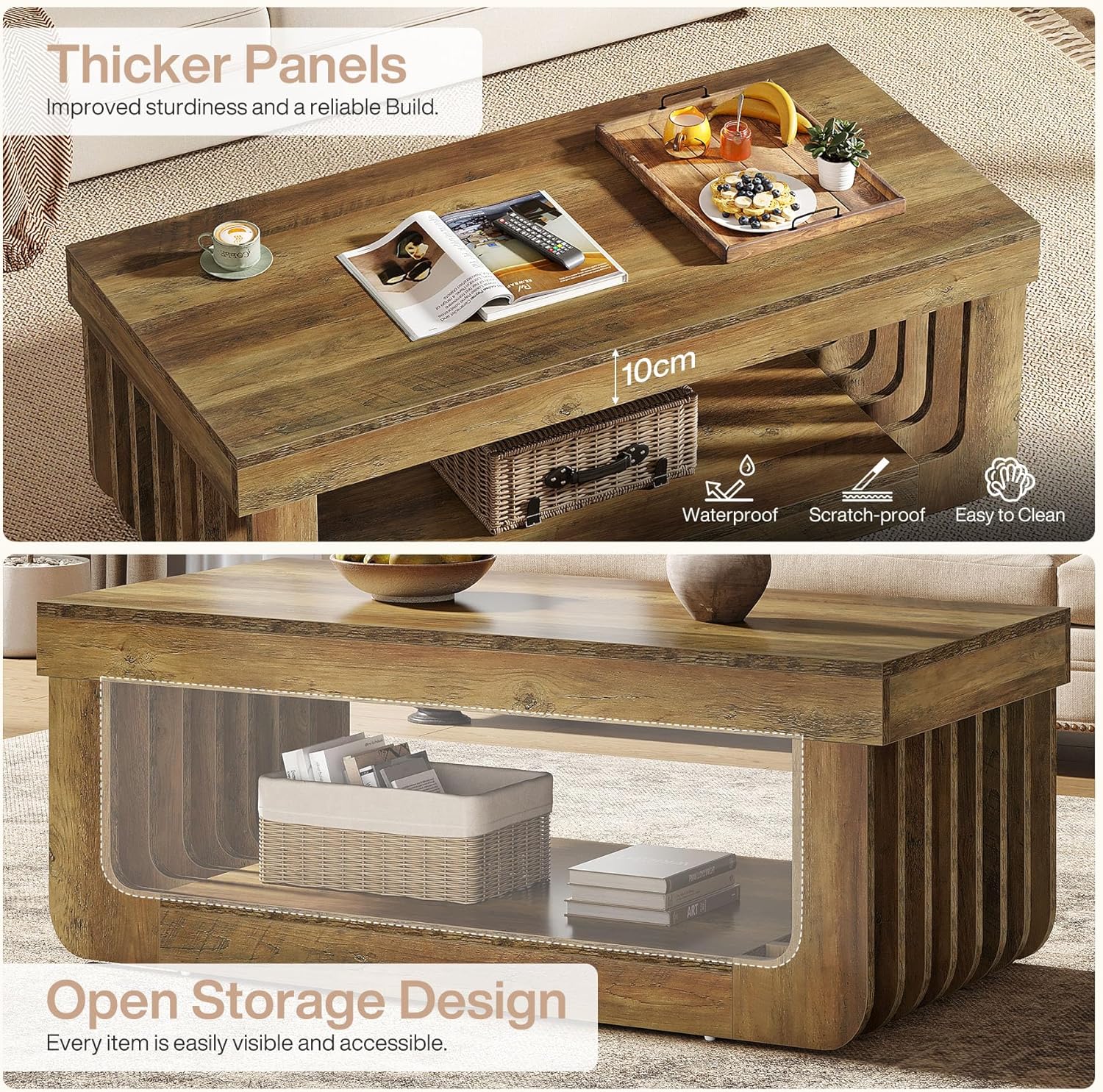 120 cm Salontafel met Opbergplank, Landelijk Bruin Woonkamermeubilair voor Huis en Kantoor