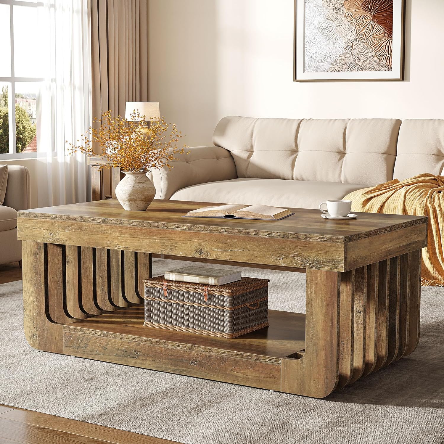 120 cm Salontafel met Opbergplank, Landelijk Bruin Woonkamermeubilair voor Huis en Kantoor