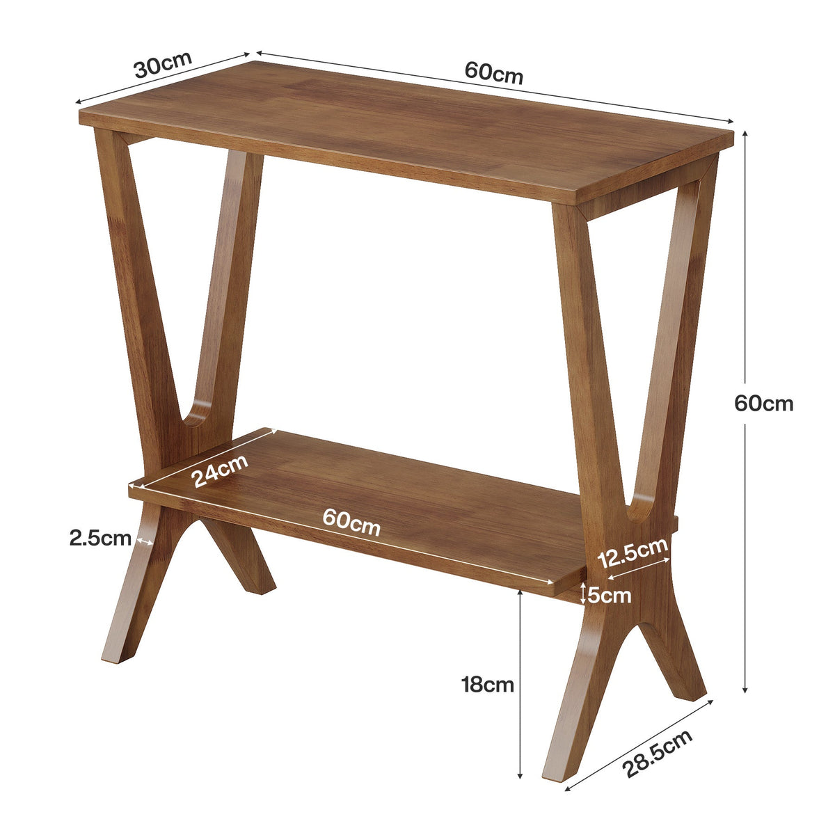 Tribesigns 60 cm bijzettafel van massief hout met 2 planken, smal nachtkastje voor woonkamer & slaapkamer