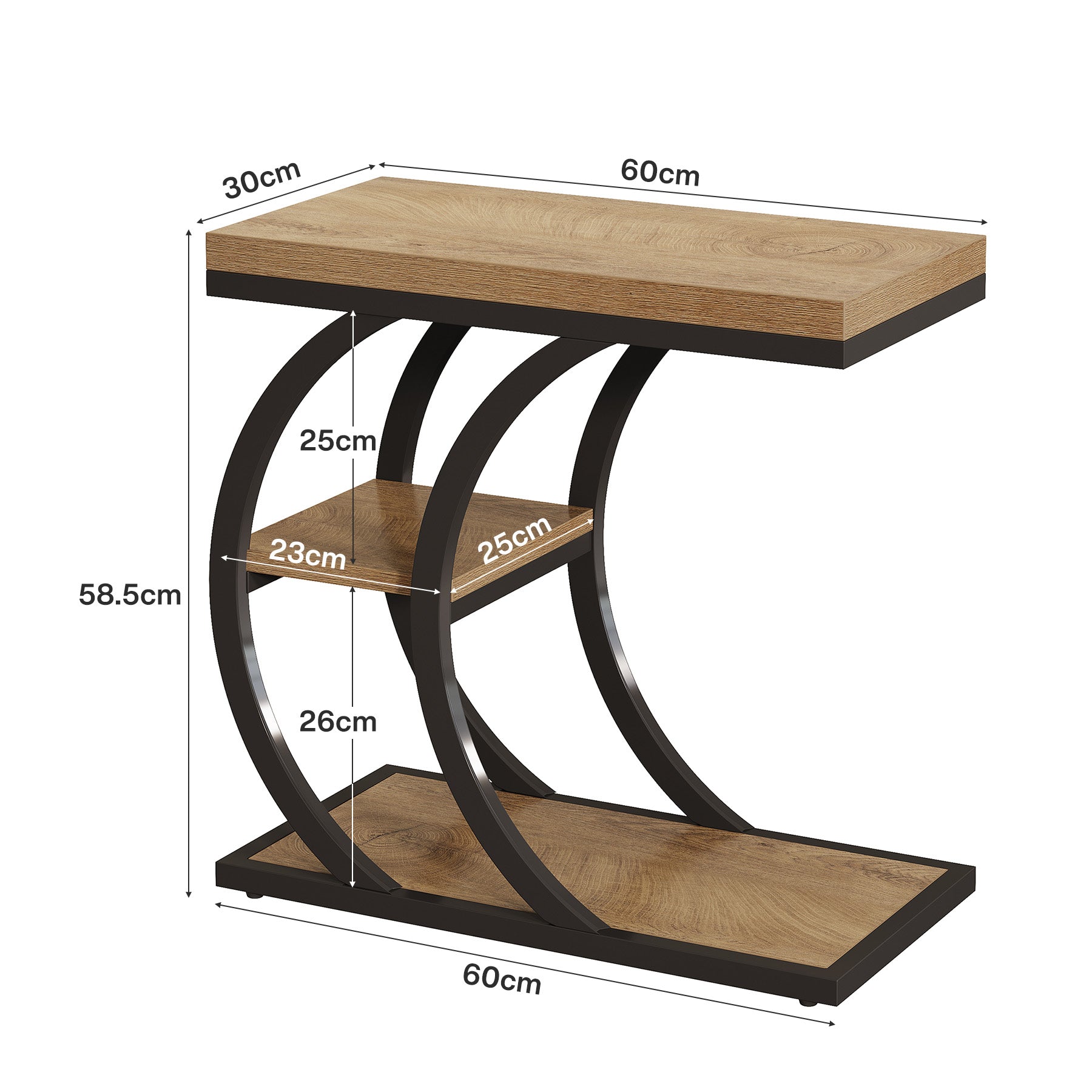 60 cm Bijzettafel, 3-Laags C-Vormige Banktafel met Opbergruimte