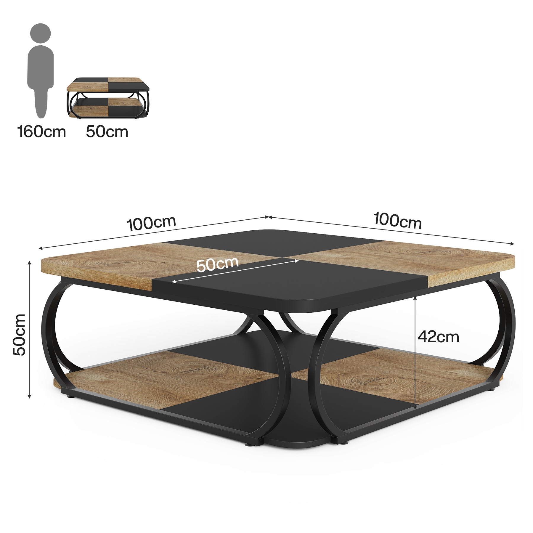 100 cm Vierkante Salontafel met Dubbele Planken, Landelijke Tafel met Metal Frame