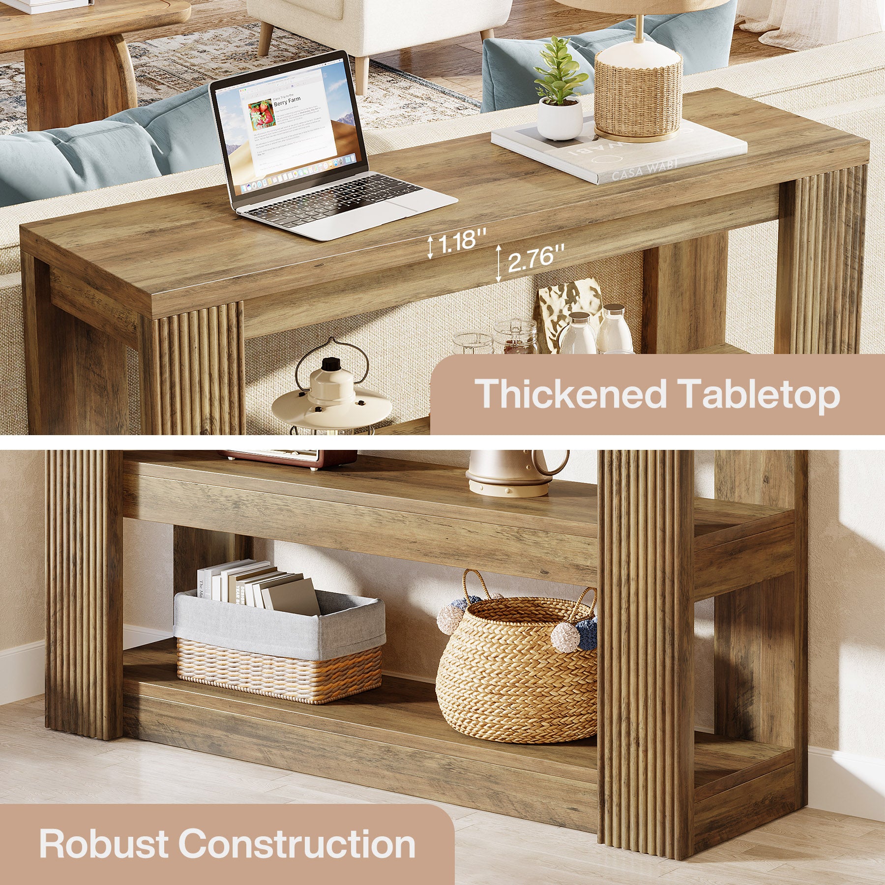 105 cm Landelijke Consoletafel met 3 Planken, Smalle Banktafel