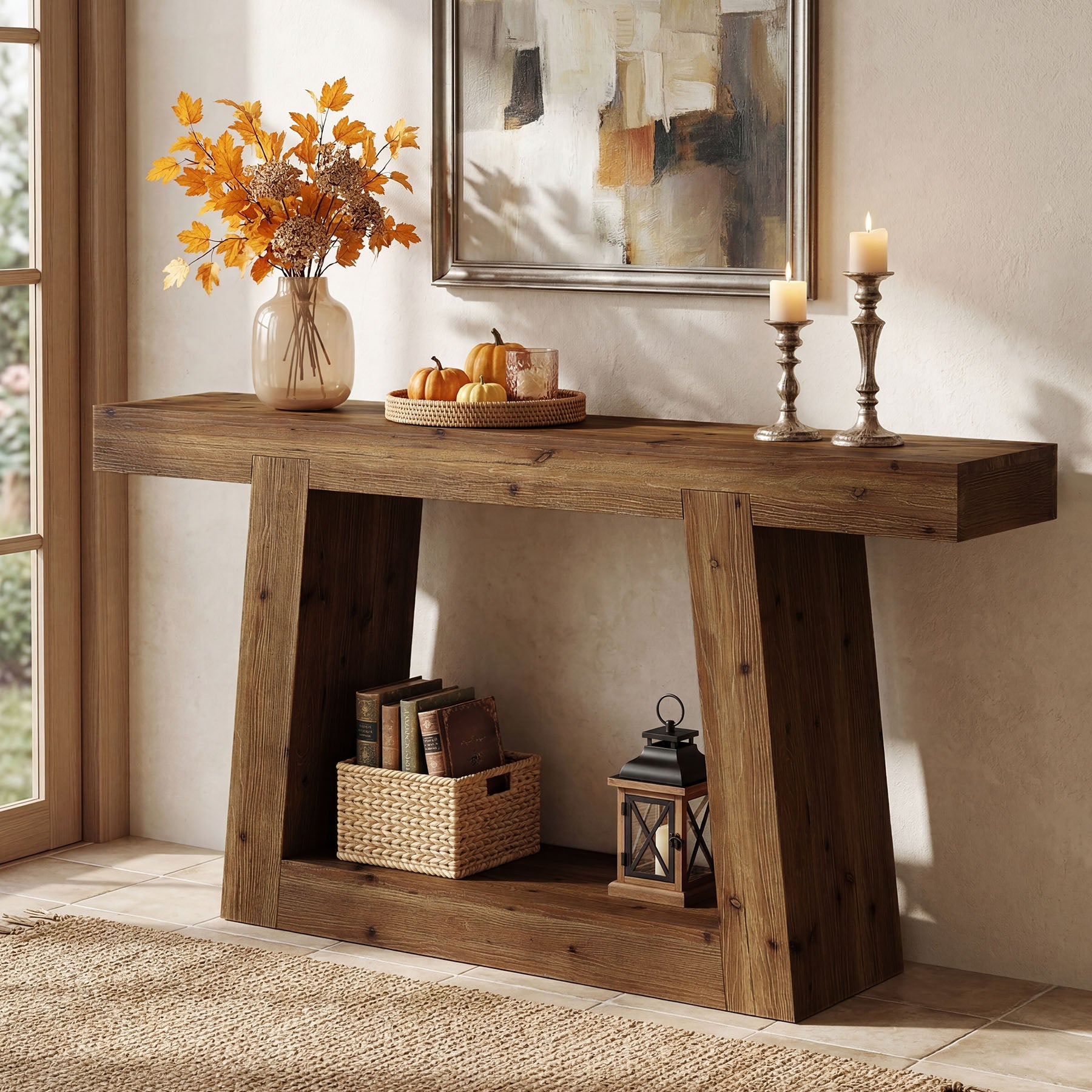 Tribesigns 140 cm massief houten consoletafel, smalle sidetable met opbergruimte voor hal