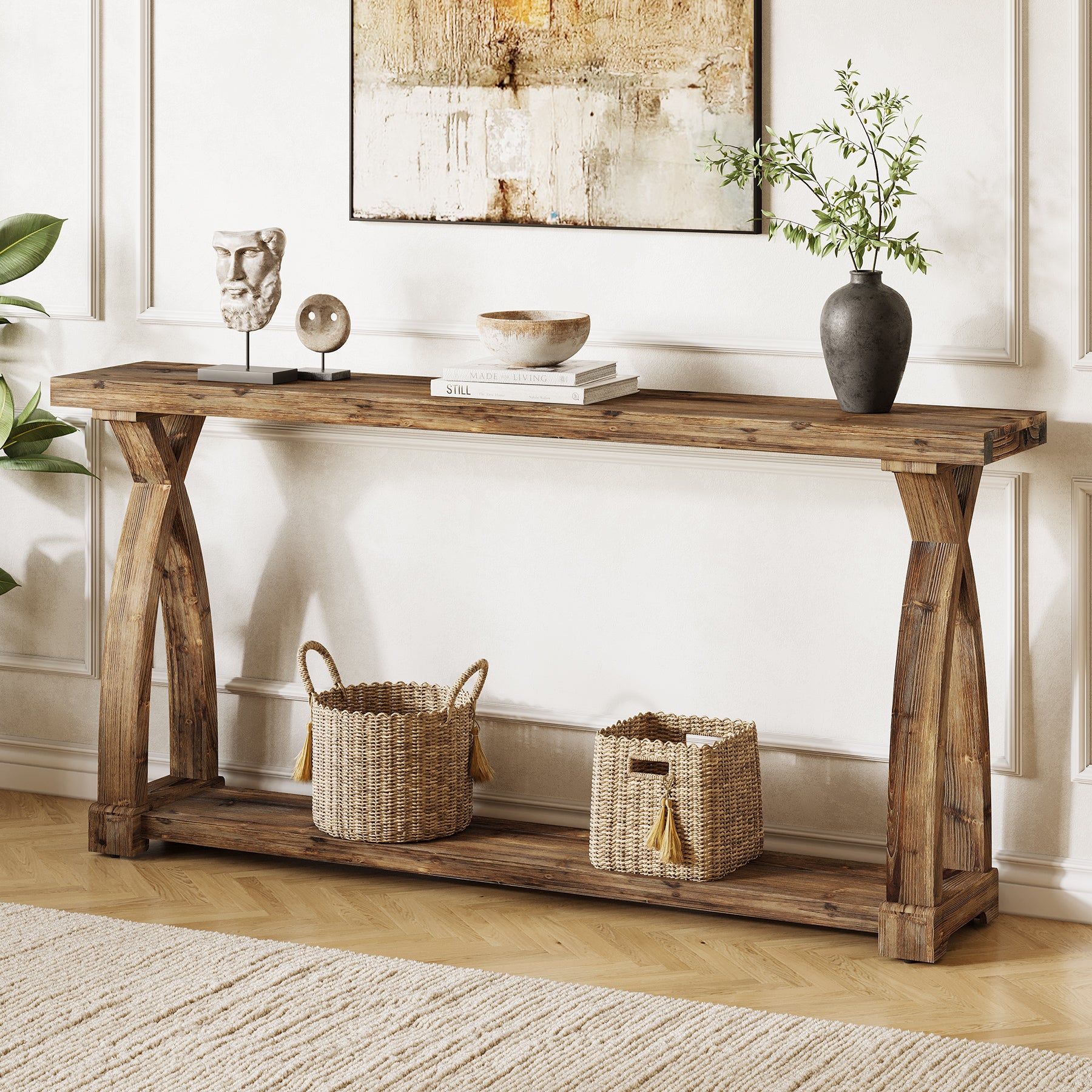 160 cm Massief Houten Consoletafel met 2 Niveaus, Smalle Haltafel Landelijke Stijl