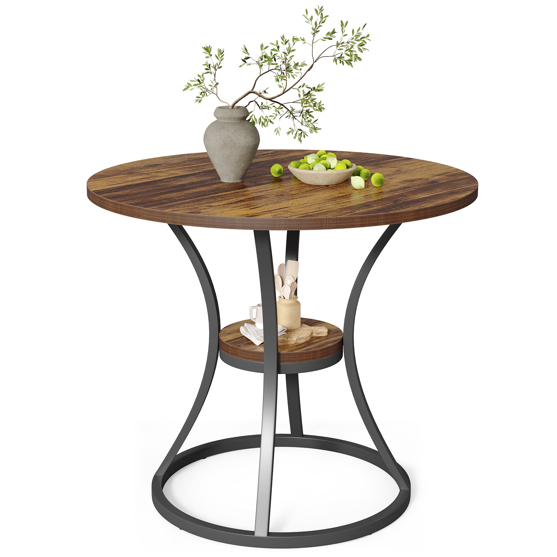 80 cm Ronde Eettafel met Metalen Voet en Opbergruimte, Kleine Keukentafel voor 2–4 Personen