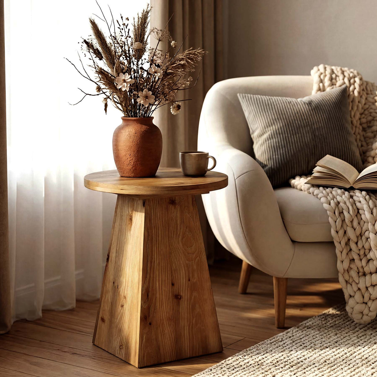 48 x 60 cm ronde bijzettafel van massief hout met geometrische trapeziumbasis, vintage houten sidetable
