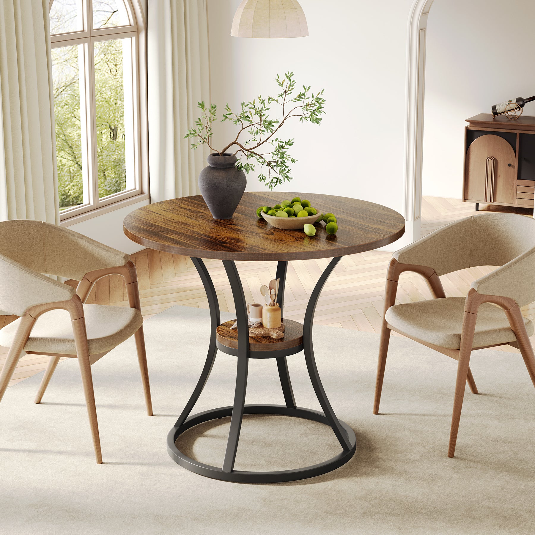 80 cm Ronde Eettafel met Metalen Voet en Opbergruimte, Kleine Keukentafel voor 2–4 Personen