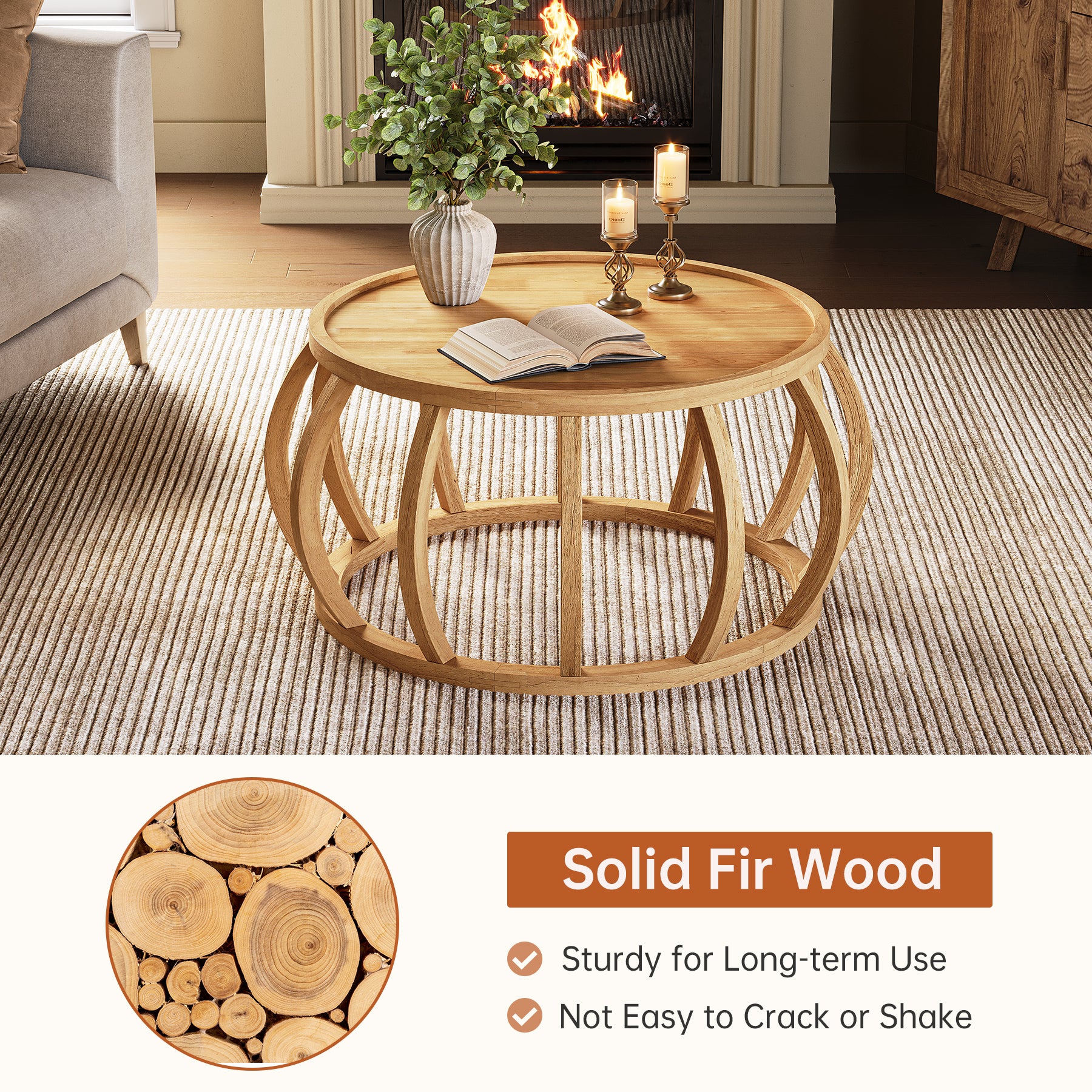 Ronde Massief Houten Salontafel, Industrieel Design met Gebogen Frame voor Elke Ruimte