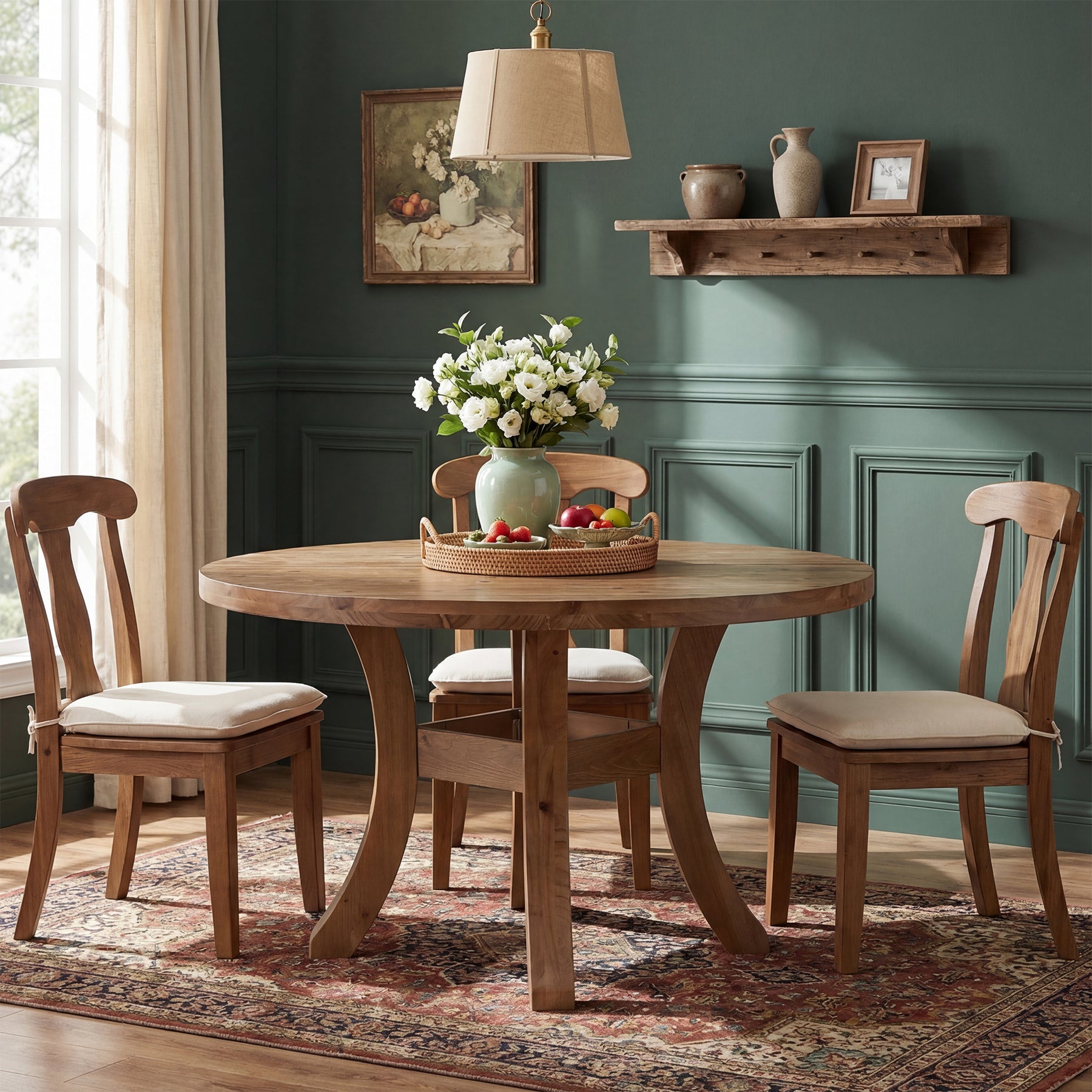 120 cm Massief Houten Ronde Eettafel, Farmhouse Tafel met Gebogen Poten