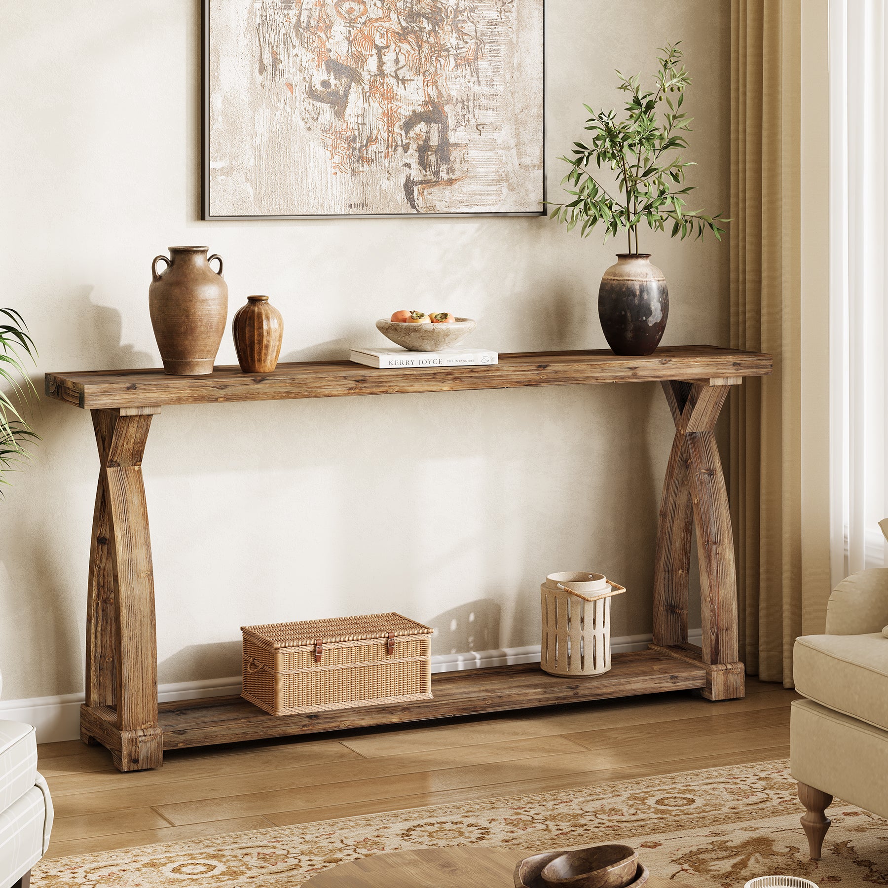 160 cm Massief Houten Consoletafel met 2 Niveaus, Smalle Haltafel Landelijke Stijl