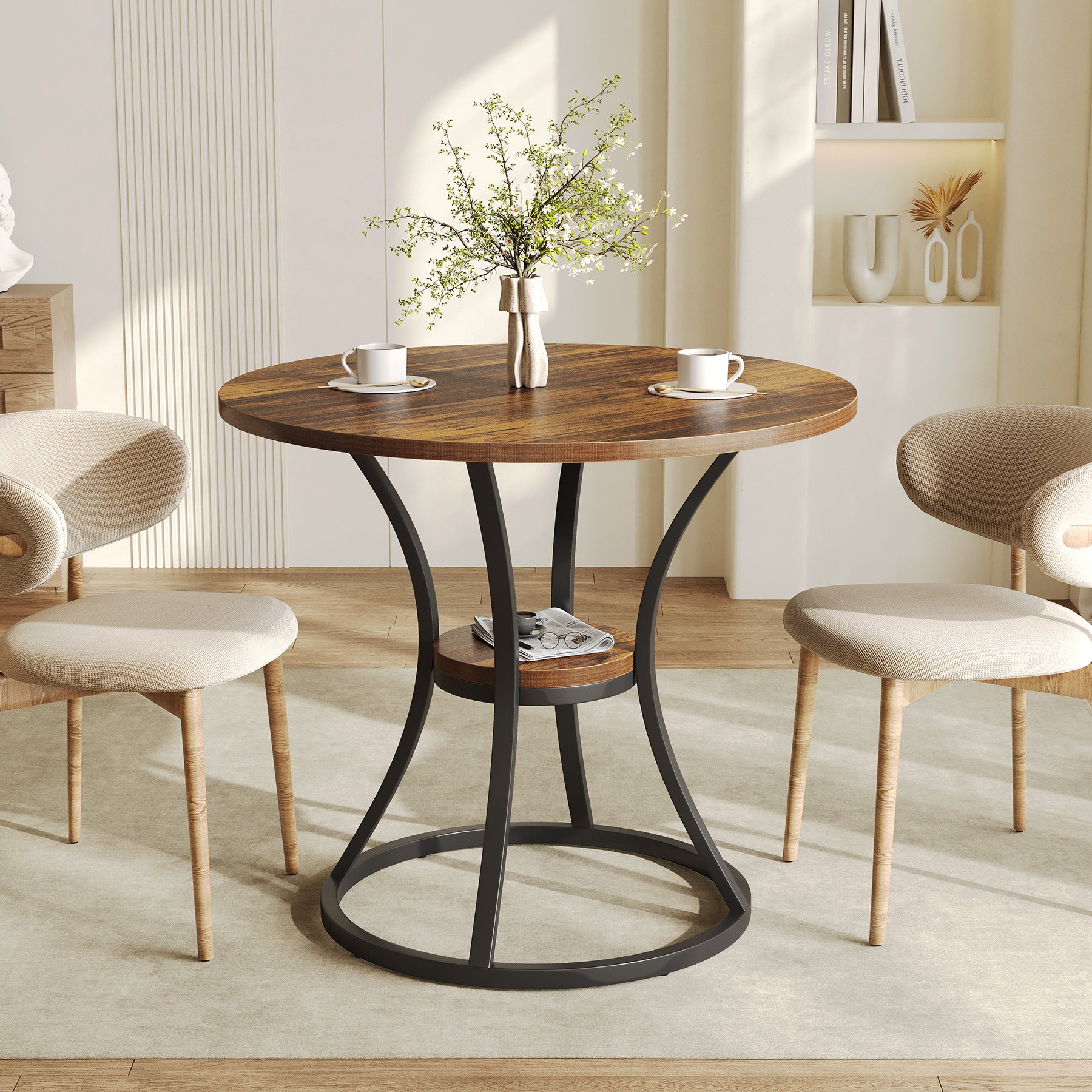 80 cm Ronde Eettafel met Metalen Voet en Opbergruimte, Kleine Keukentafel voor 2–4 Personen