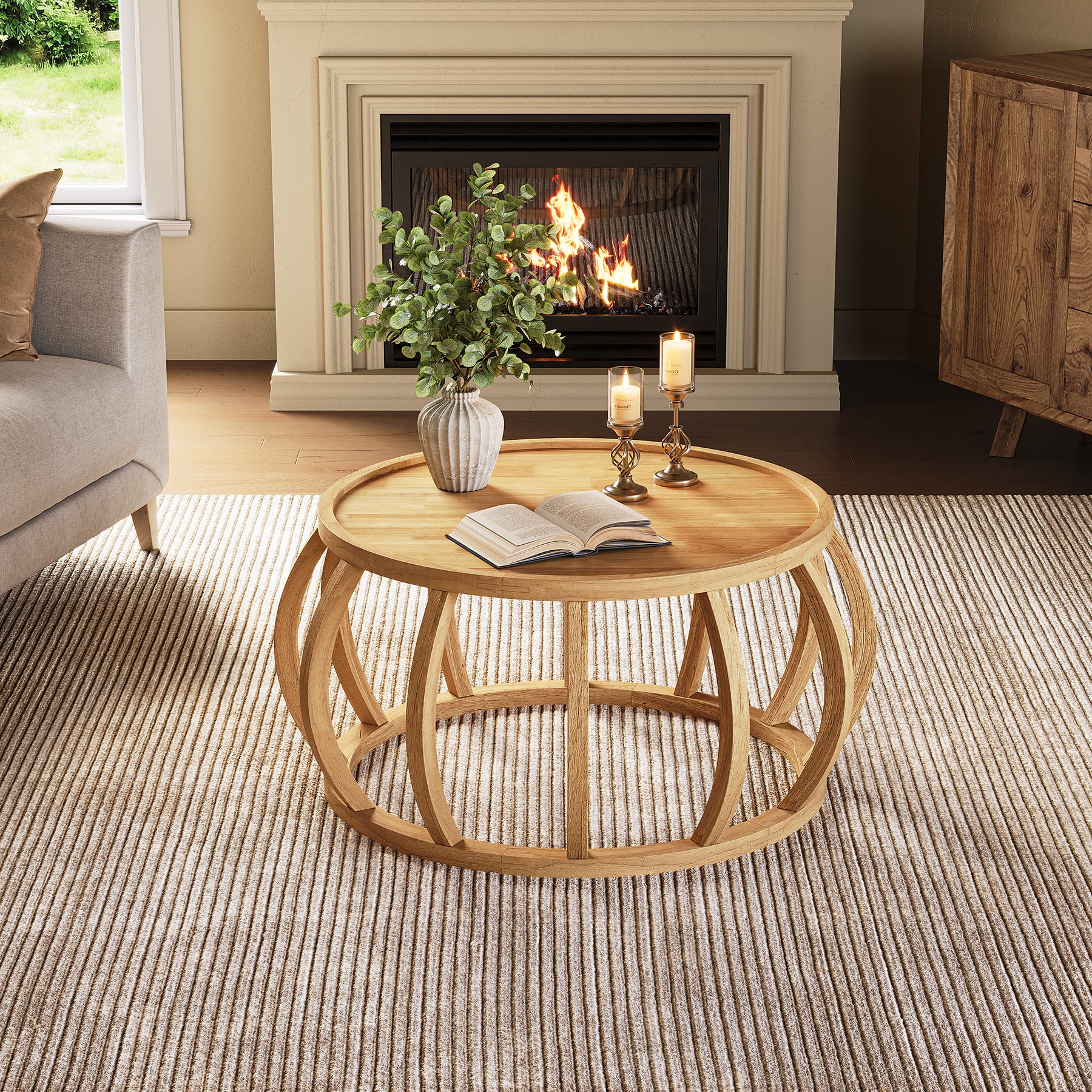 Ronde Massief Houten Salontafel, Industrieel Design met Gebogen Frame voor Elke Ruimte