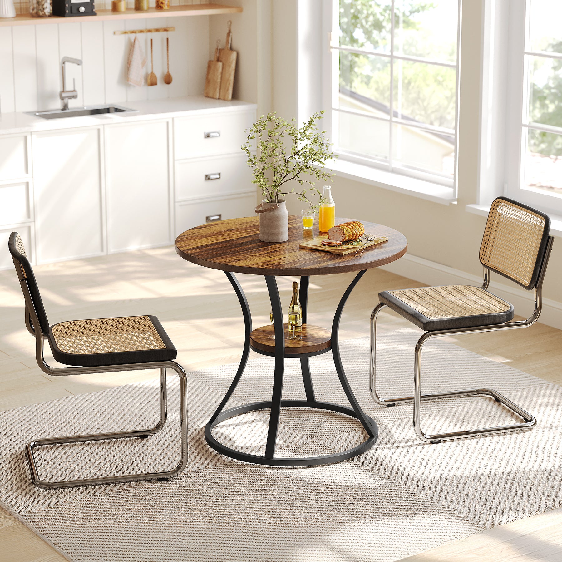 80 cm Ronde Eettafel met Metalen Voet en Opbergruimte, Kleine Keukentafel voor 2–4 Personen