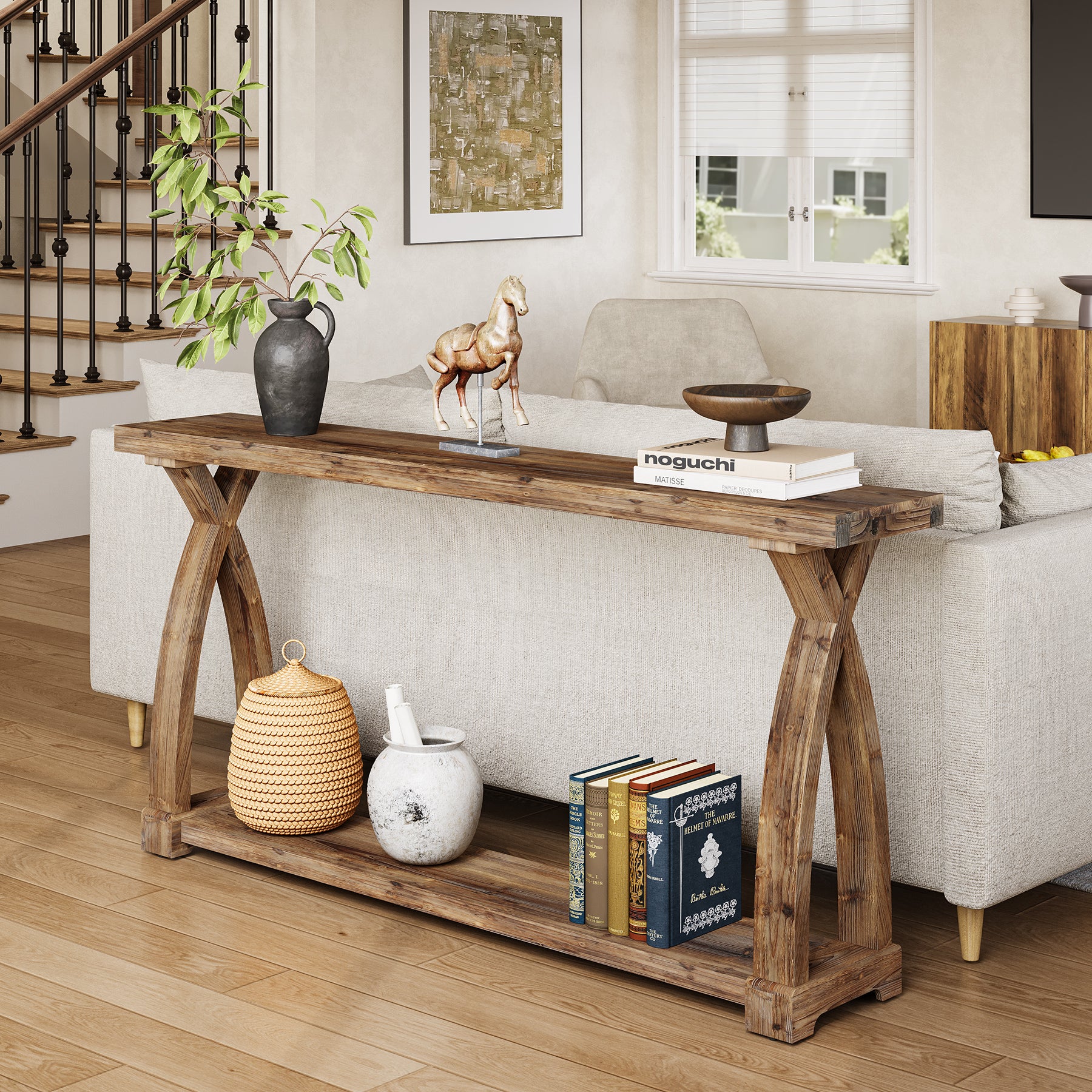 160 cm Massief Houten Consoletafel met 2 Niveaus, Smalle Haltafel Landelijke Stijl