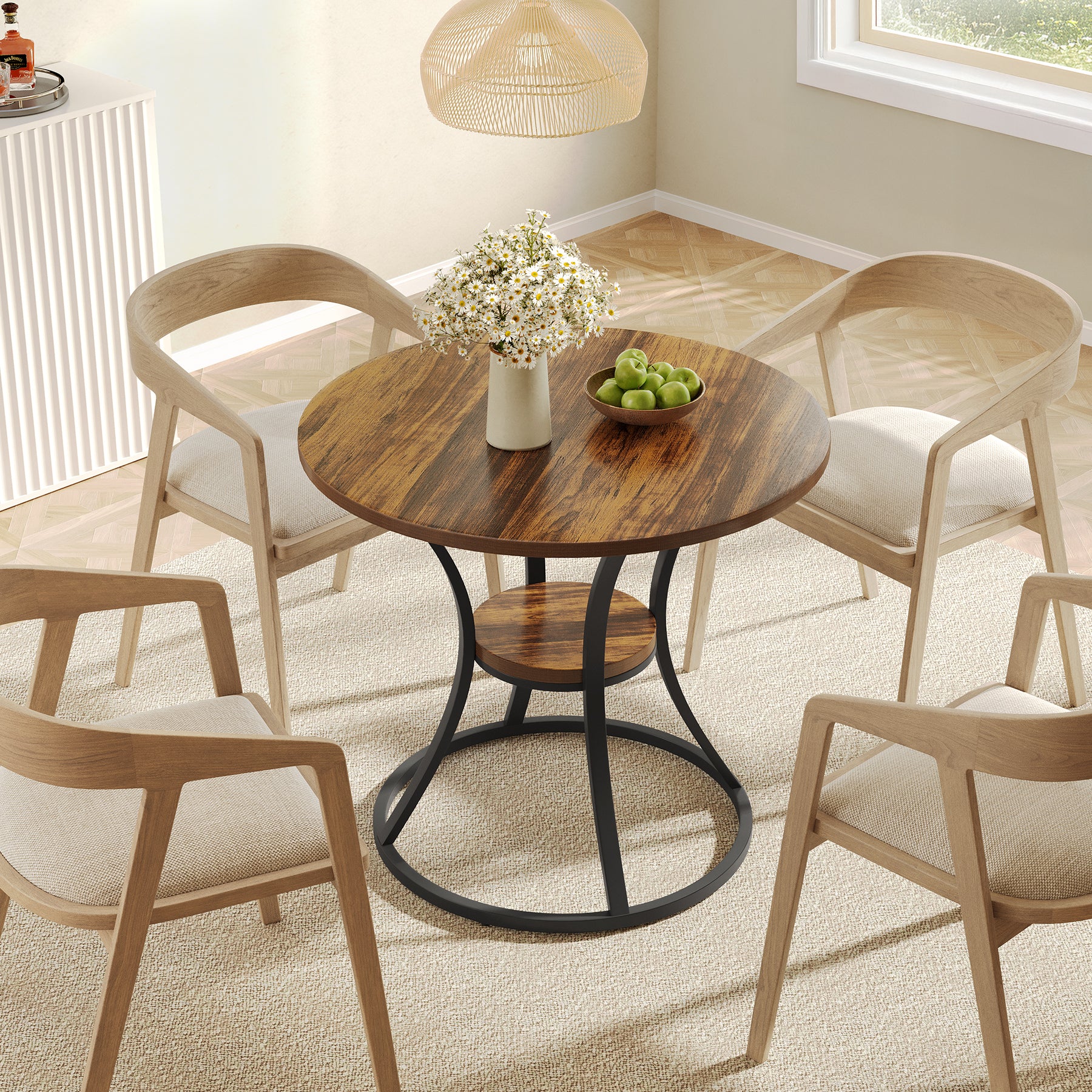 80 cm Ronde Eettafel met Metalen Voet en Opbergruimte, Kleine Keukentafel voor 2–4 Personen