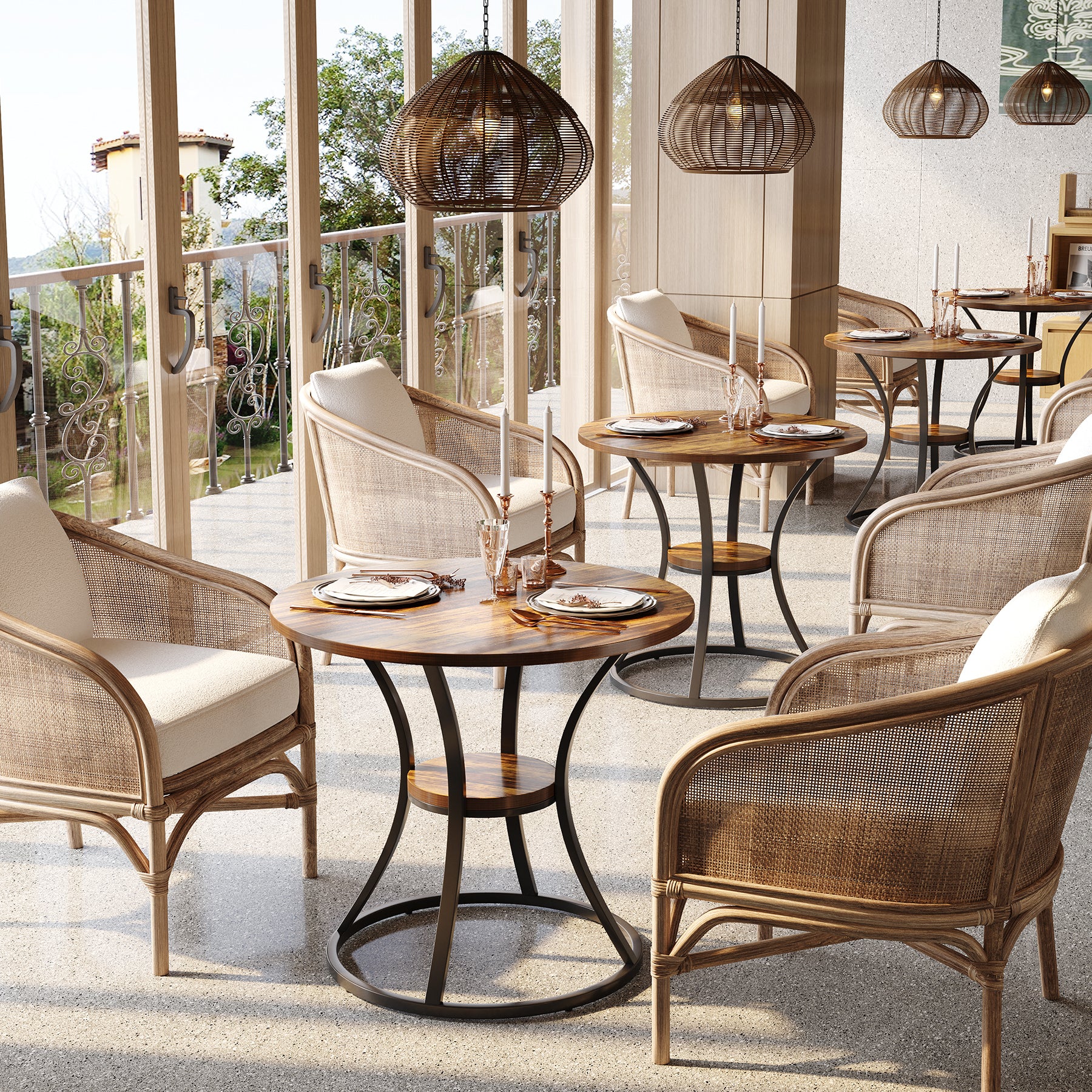 80 cm Ronde Eettafel met Metalen Voet en Opbergruimte, Kleine Keukentafel voor 2–4 Personen