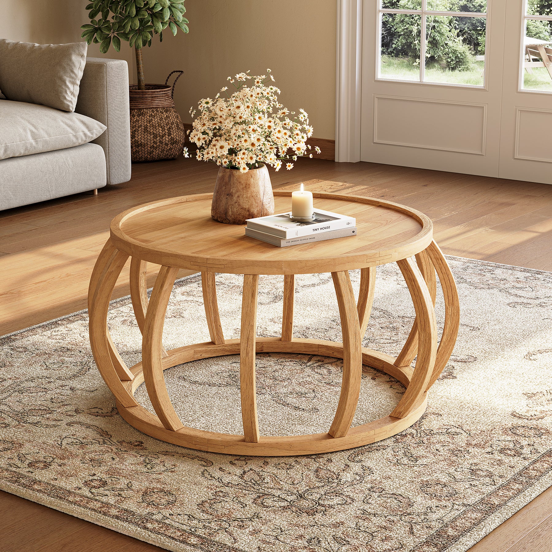 Ronde Massief Houten Salontafel, Industrieel Design met Gebogen Frame voor Elke Ruimte