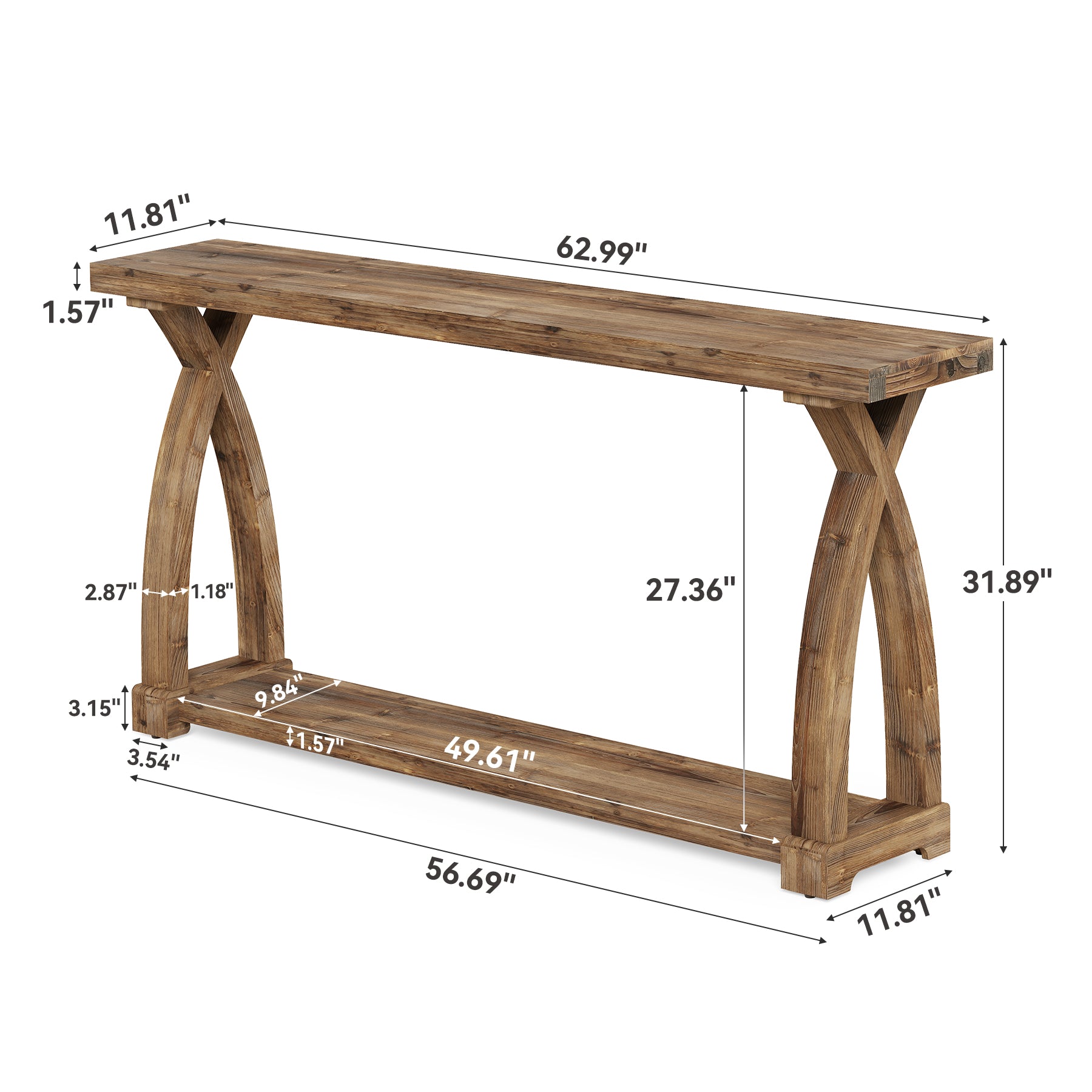160 cm Massief Houten Consoletafel met 2 Niveaus, Smalle Haltafel Landelijke Stijl