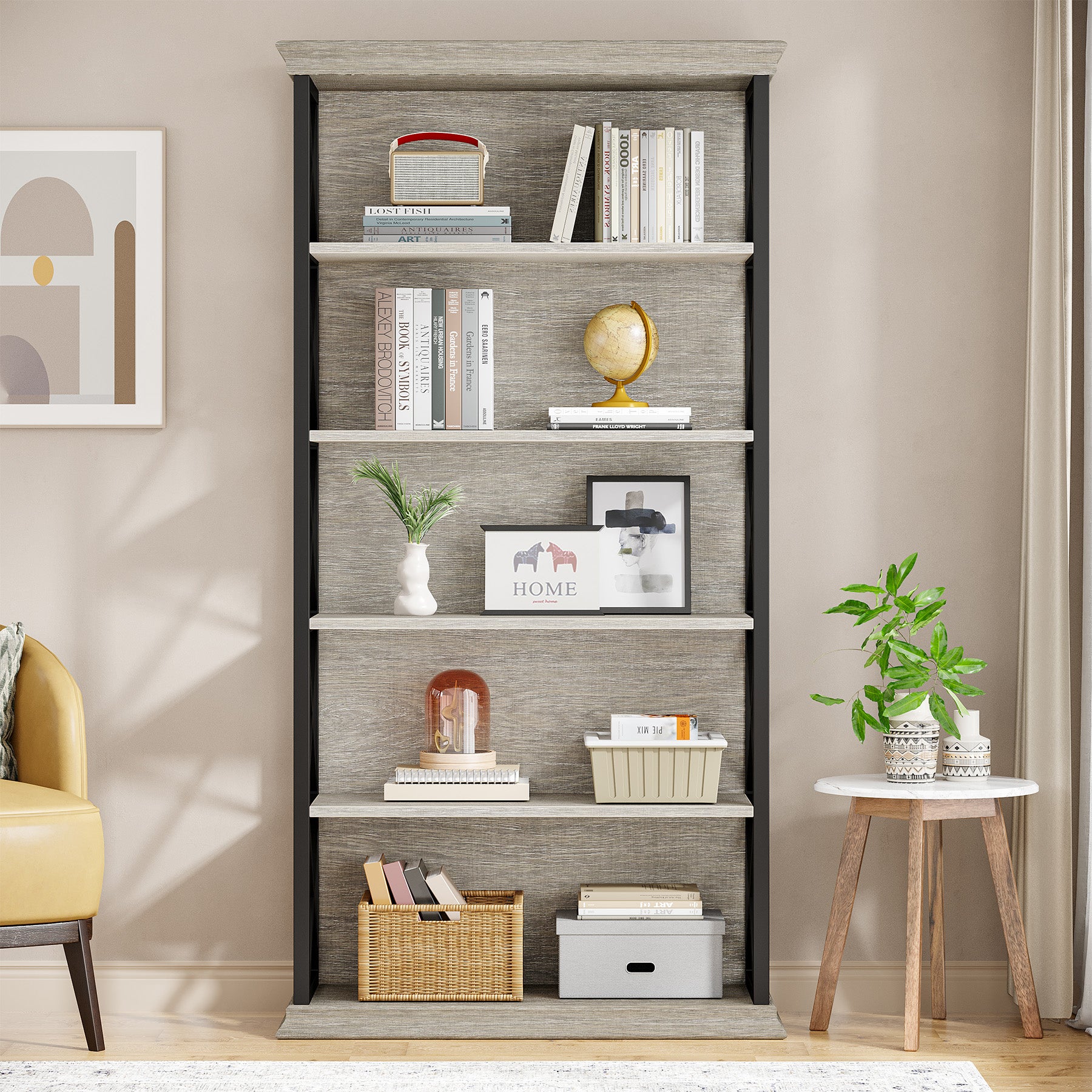 Industriële Boekenkast met Zes Planken, 180 cm Hoge Kast in Bruin en Zwart