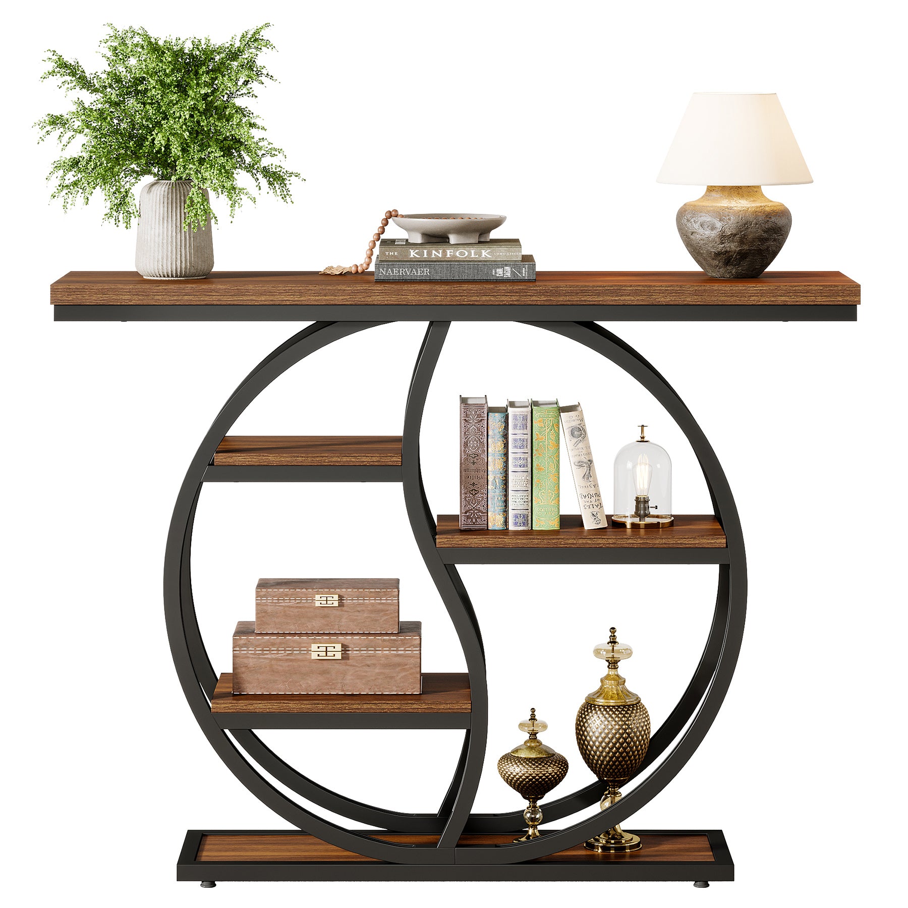 Consoletafel van 120 cm met 5 Lagen in Rustiek Bruin, Smalle Industriële Houten Hal- en Banktafel met Metalen Frame