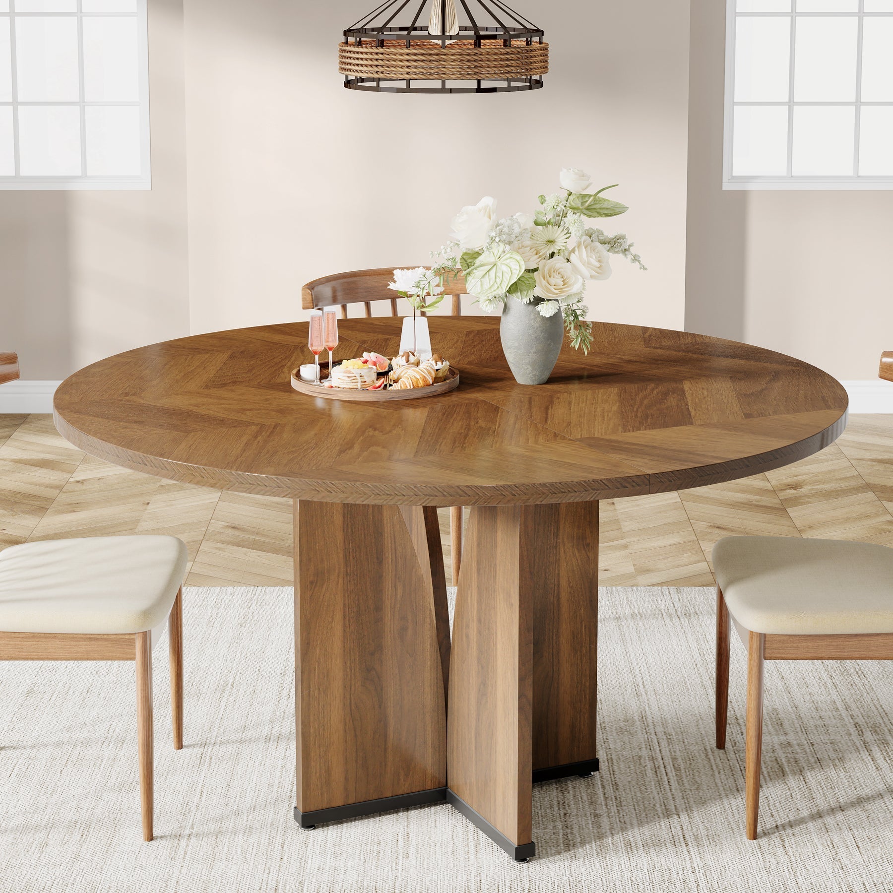 100 cm Ronde Eettafel voor Vier Personen, Landelijke Keukentafel met X-Vormige Voet