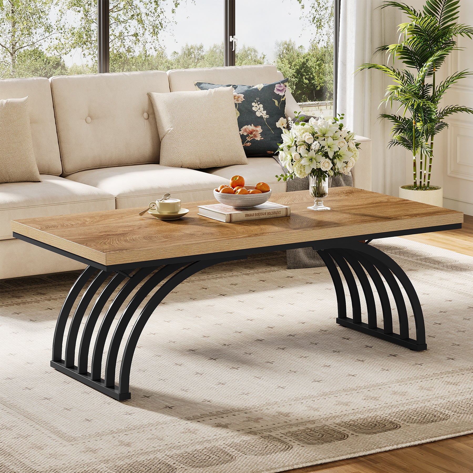 120 cm Rechthoekige Salontafel met Metalen Poten, Rustieke Houten Salontafel