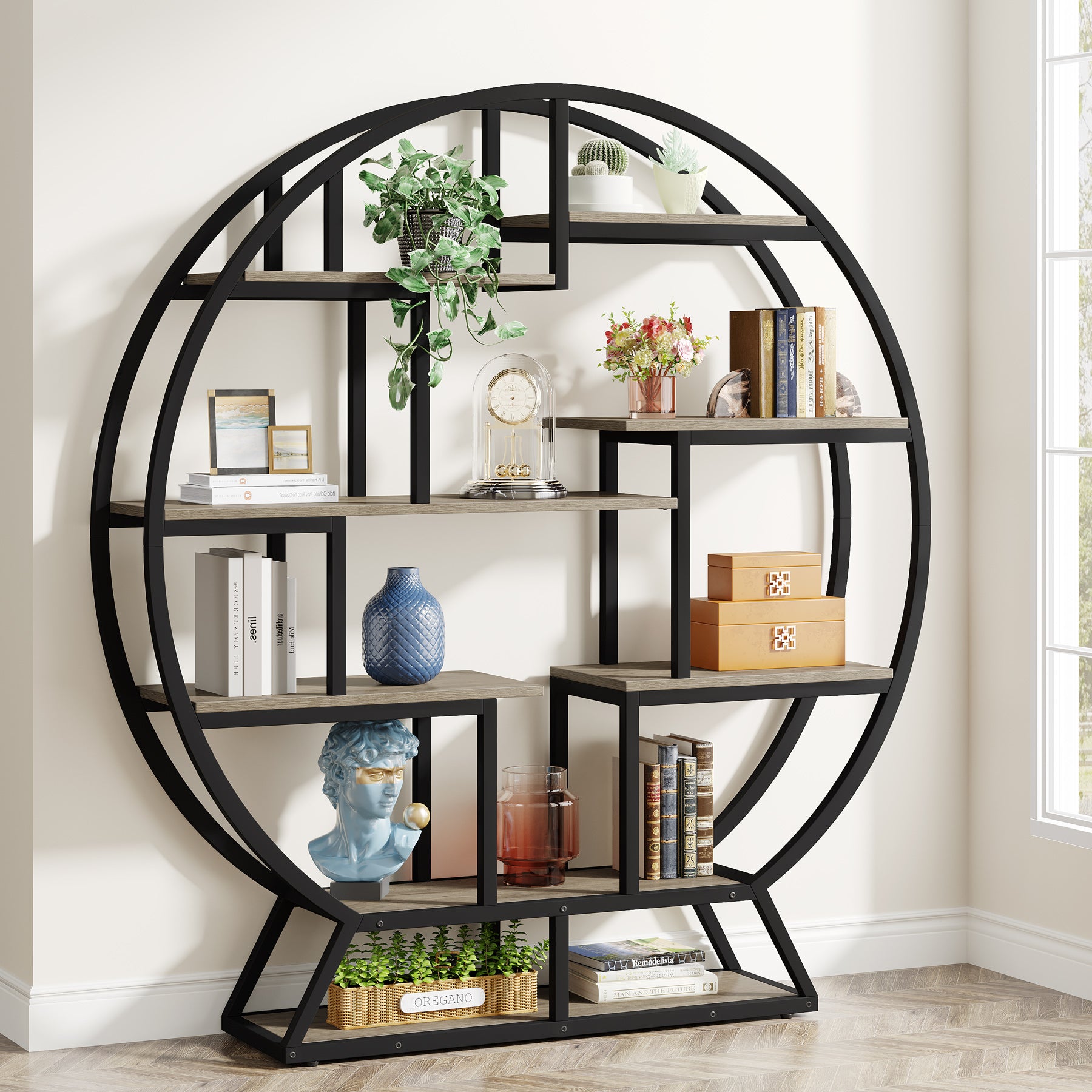 160 cm Ronde Boekenkast, Vijfplanken Opbergmeubel voor Kantoor en Woonkamer