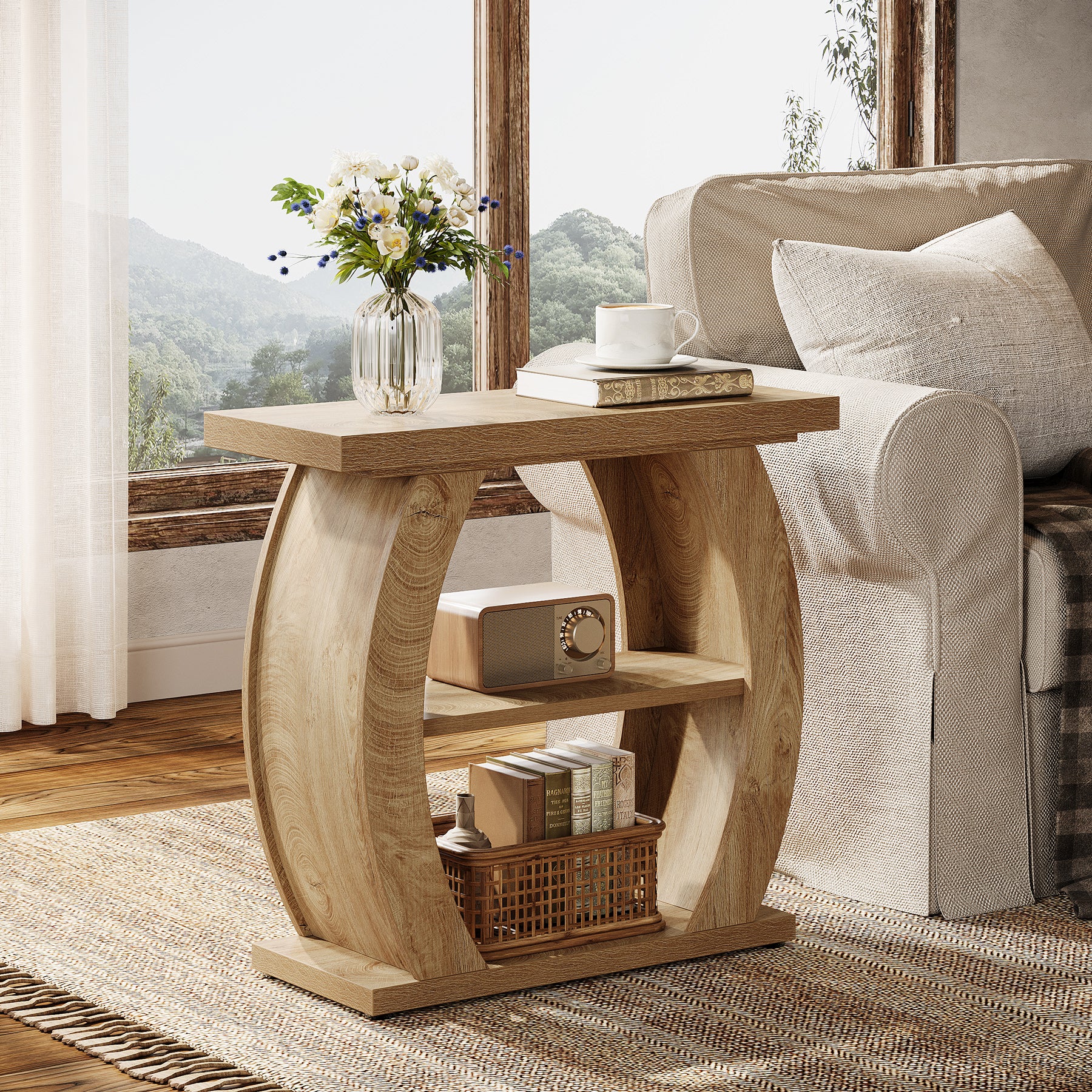65 cm Smalle Bijzettafel met 3 Lagen Opslag, Landelijke Nachtkast met Gebogen Frame voor Woonkamer Slaapkamer