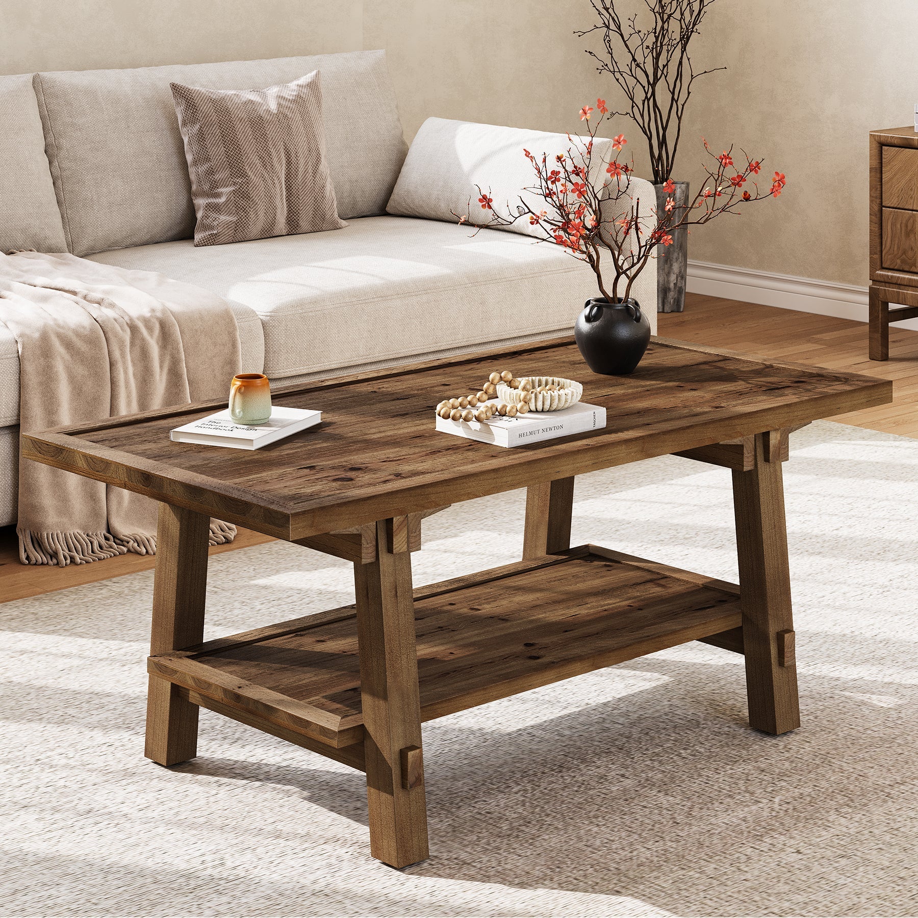 120 cm Massief Houten Salontafel, Landelijke Rechthoekige Tafel voor Woonkamer