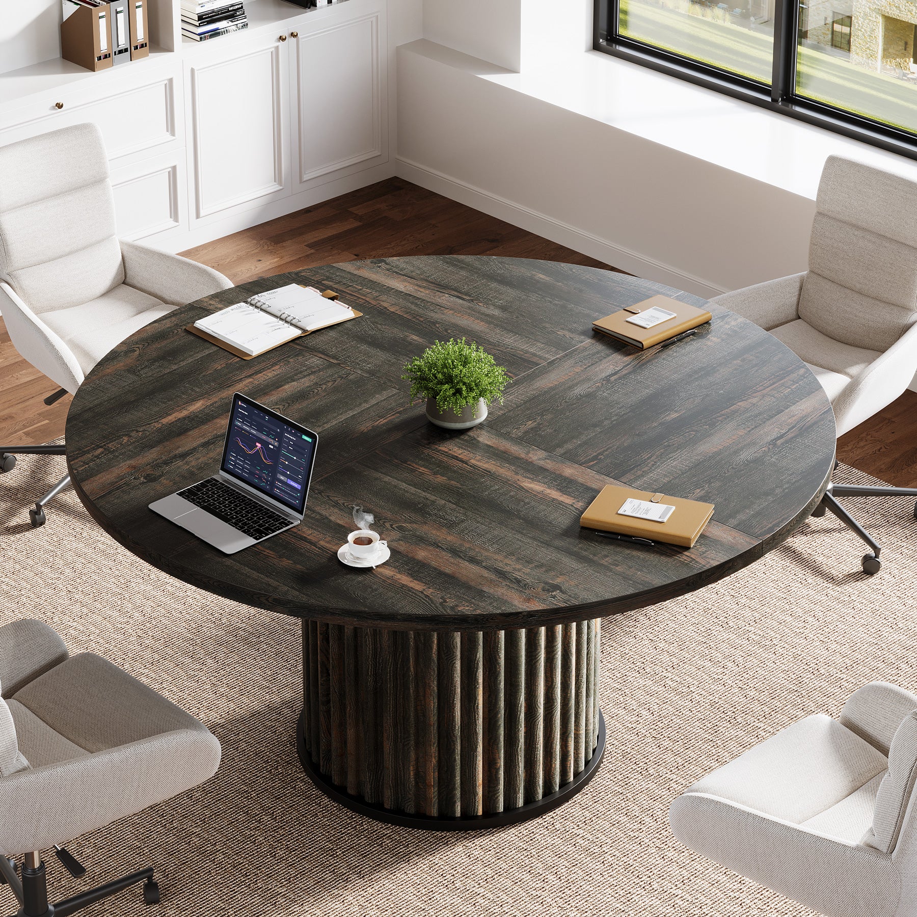 120 cm Zwart Ronde Conferentietafel, Stabiel Bureau voor 4-6 Personen