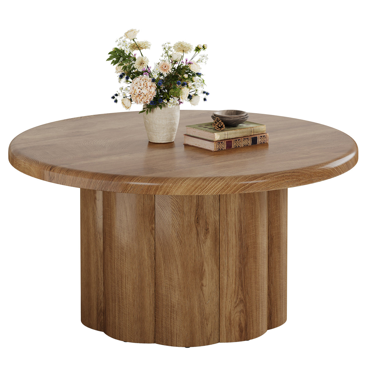 80 cm Ronde Landelijke Salontafel, Gegroefde Trommelvoet voor Woonkamer en Appartement