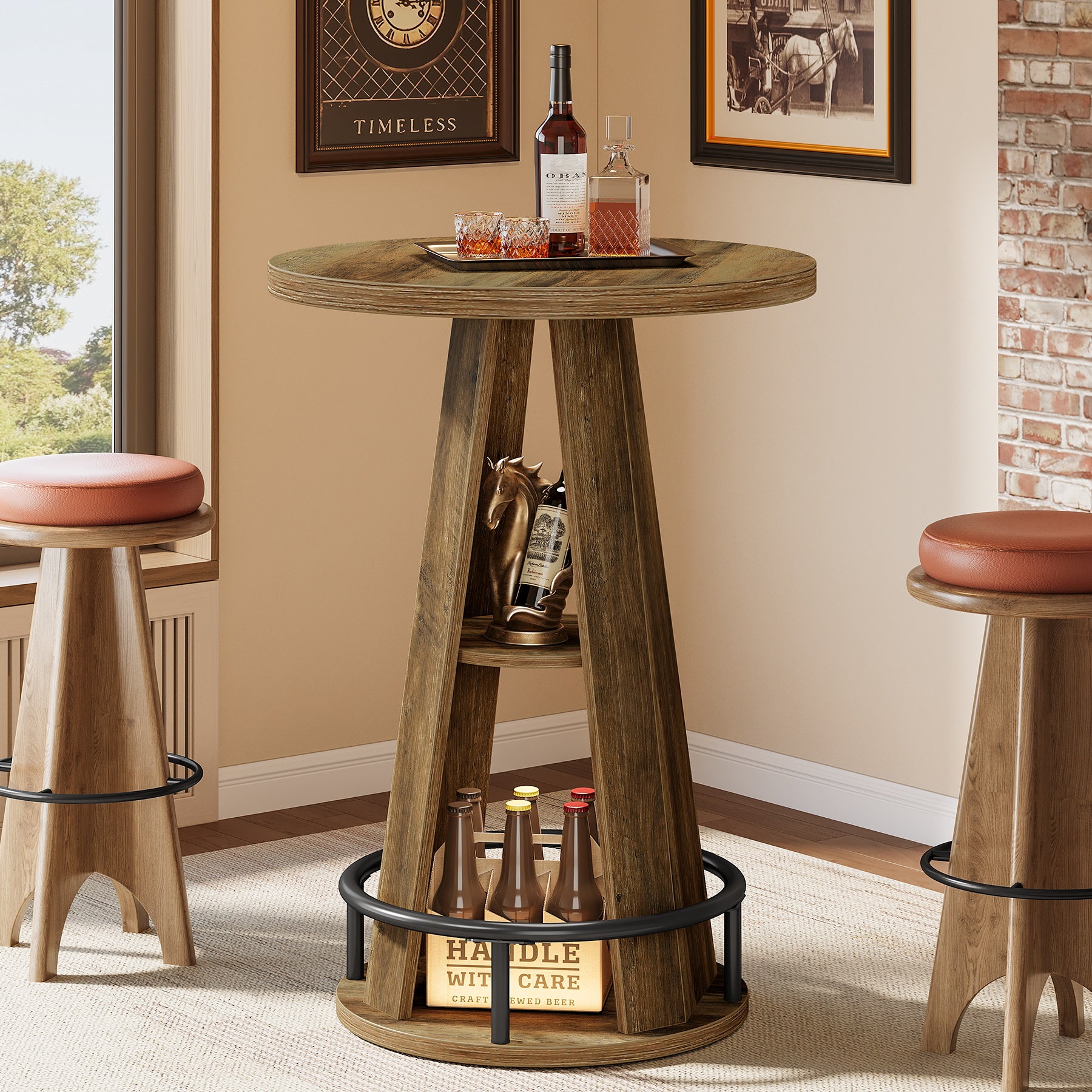 100 cm Ronde Bartafel met Opbergruimte, Industriële Bistrotafel voor Woonkamer Bar Kleine Ruimtes